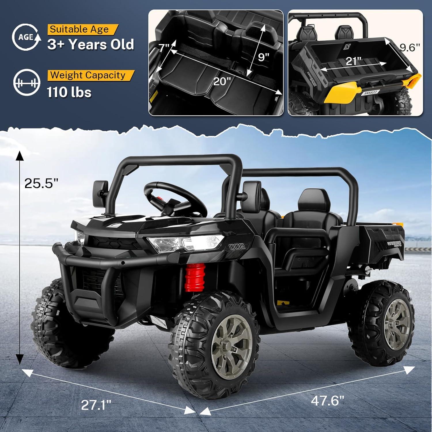 Xuanlur 24V 2 Seater Kids Ride on Car Truck, Ride on UTV W/ 2x200W Motor, 24 Volt Ride on Toys W/ Dump Bed/Shovel, Electric Car for Kids W/ Durable Tires, LED Light, Music, Remote Control, Black