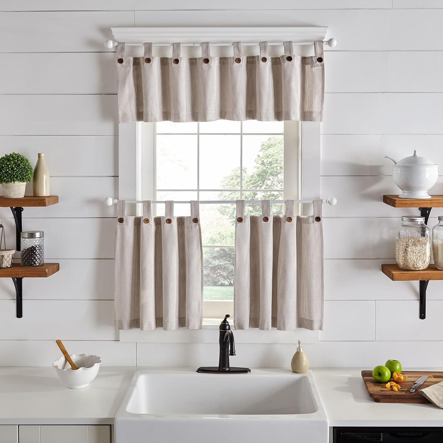 Tucker Ticking Stripe Button Tab Top Window Kitchen Tier Set of 2 - 30" x 24" - Linen - Elrene Home Fashions