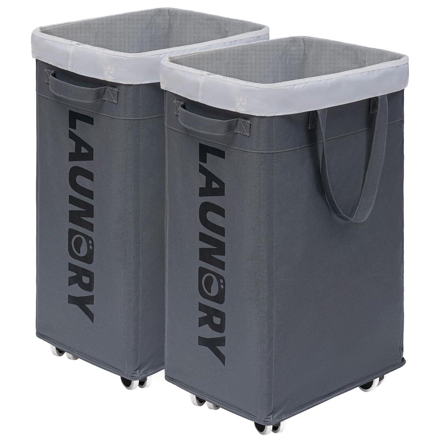VOKIAL Laundry Basket With Wheels, 2PACK 75L Rolling Laundry Baskets With Removable Laundry Bags, Apartment Essentials, Collapsible Laundry Baskets, Laundry Bag, Corner Dorm Foldable Laundry Baskets, Slim Laundry Baskets
