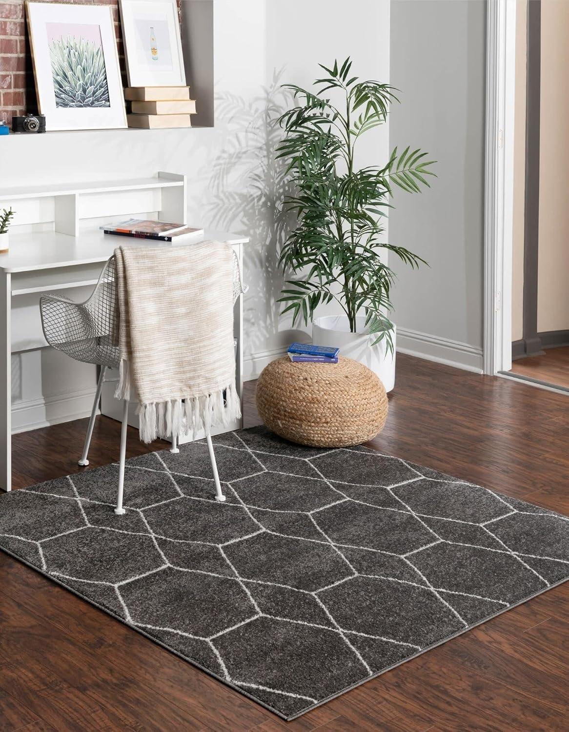 Dark Gray & Ivory Trellis 4' Square Synthetic Area Rug