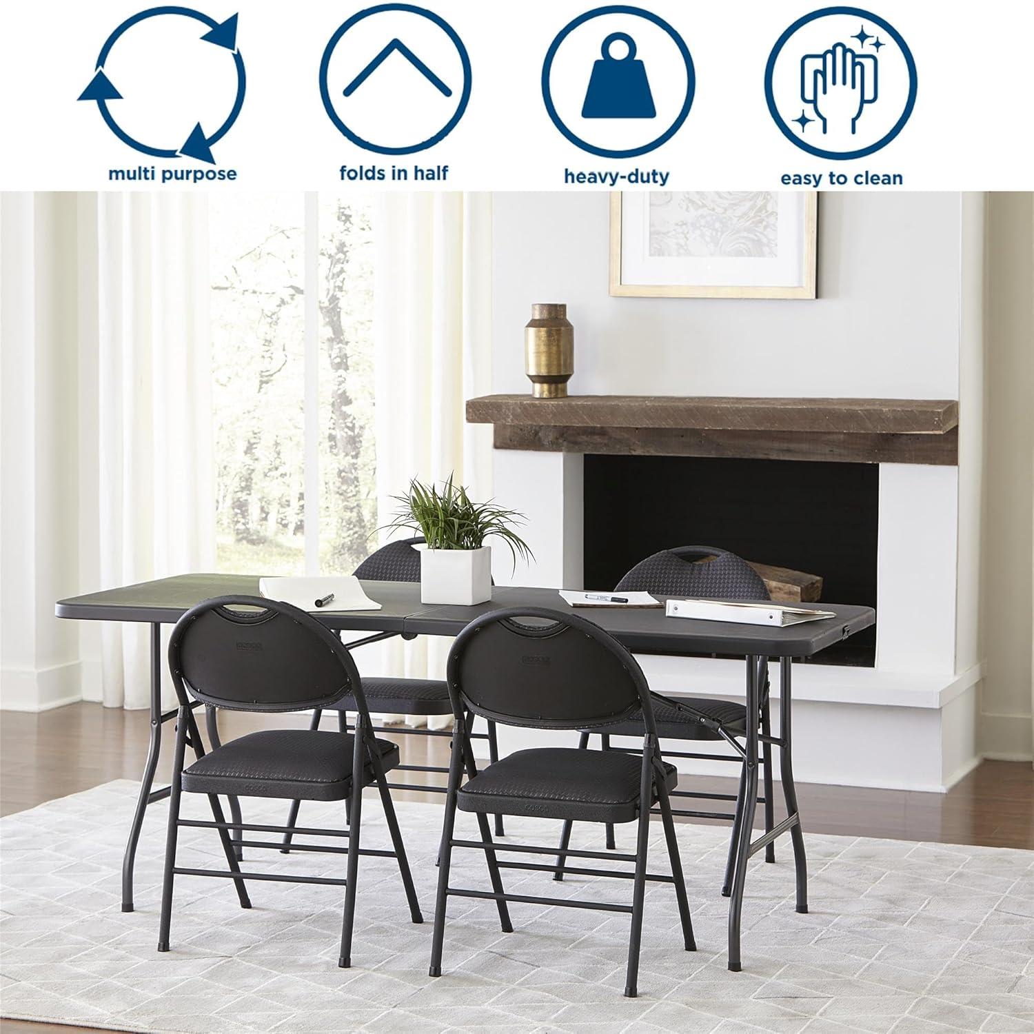 COSCO 6' Fold-in-Half Banquet Table with Handle and Locking Latch, Black