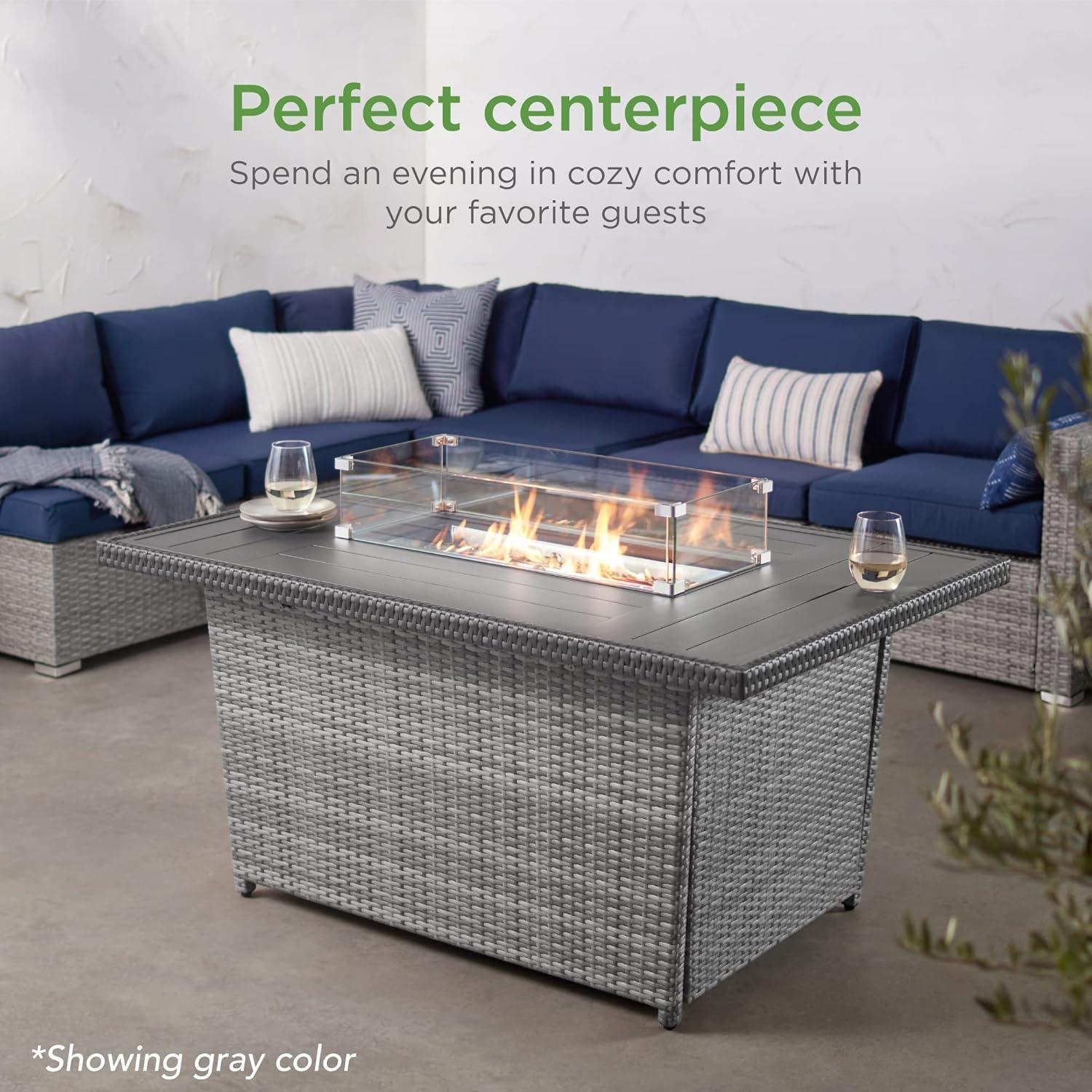 Best Choice Products 52in Wicker Propane Gas Fire Pit Table 50,000 BTU w/ Glass Wind Guard, Tank Holder, Cover