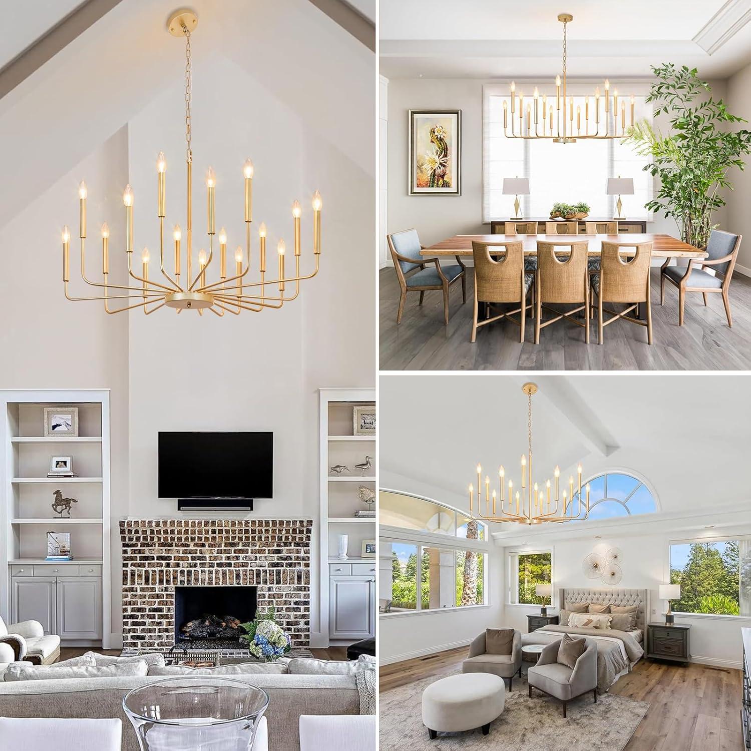 Farmhouse Gold Chandeliers for Dining Room, 16-Light Modern Candle Chandelier Light Fixture, Rustic Industrial Metal Chandeliers for Living Room, Kitchen, Staircase, Entryway, Foyer
