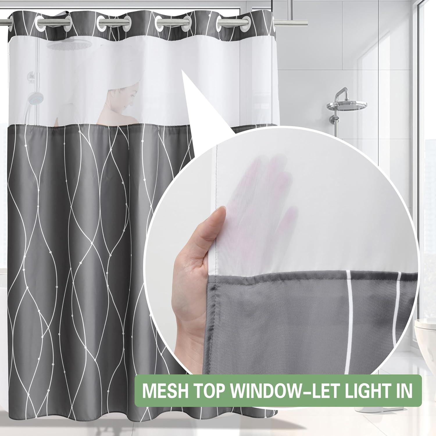 Grey White Striped Fabric Shower Curtain with Snap in Removable Liner for Bathroom Bathtubs,Hotel Shower Curtain and Liner Set with See Through Mesh Top Window,Machine Washable (71"W X 74"H)