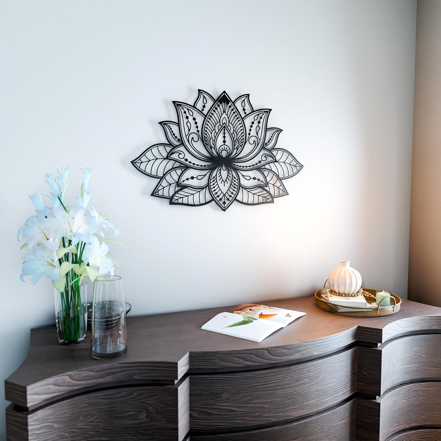 iwa concept Mandala Metal Wall Decor, Lotus Flower Meditation Room Decor, Minimalist Zen Garden Bohemian Gift for New Year (26.3" x 17" | 67 x 43 cm, Black)