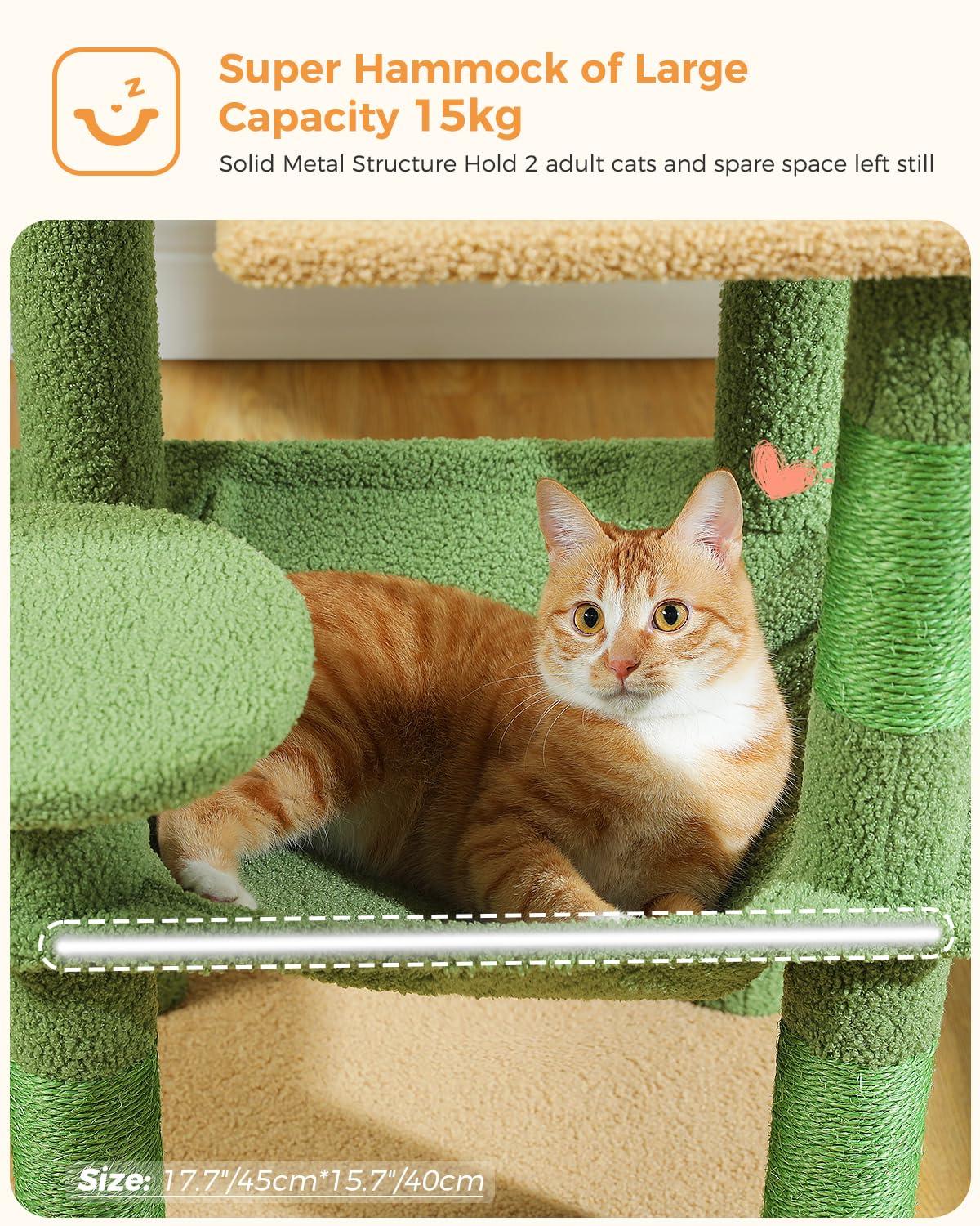 Cat Tree for Indoor Cats, 45.7" Multi-Level Cat Tower with Large Metal Frame Hammock, Cat Condo with 4 Scratching Posts and Top Perch for Small Medium Cat, Beige