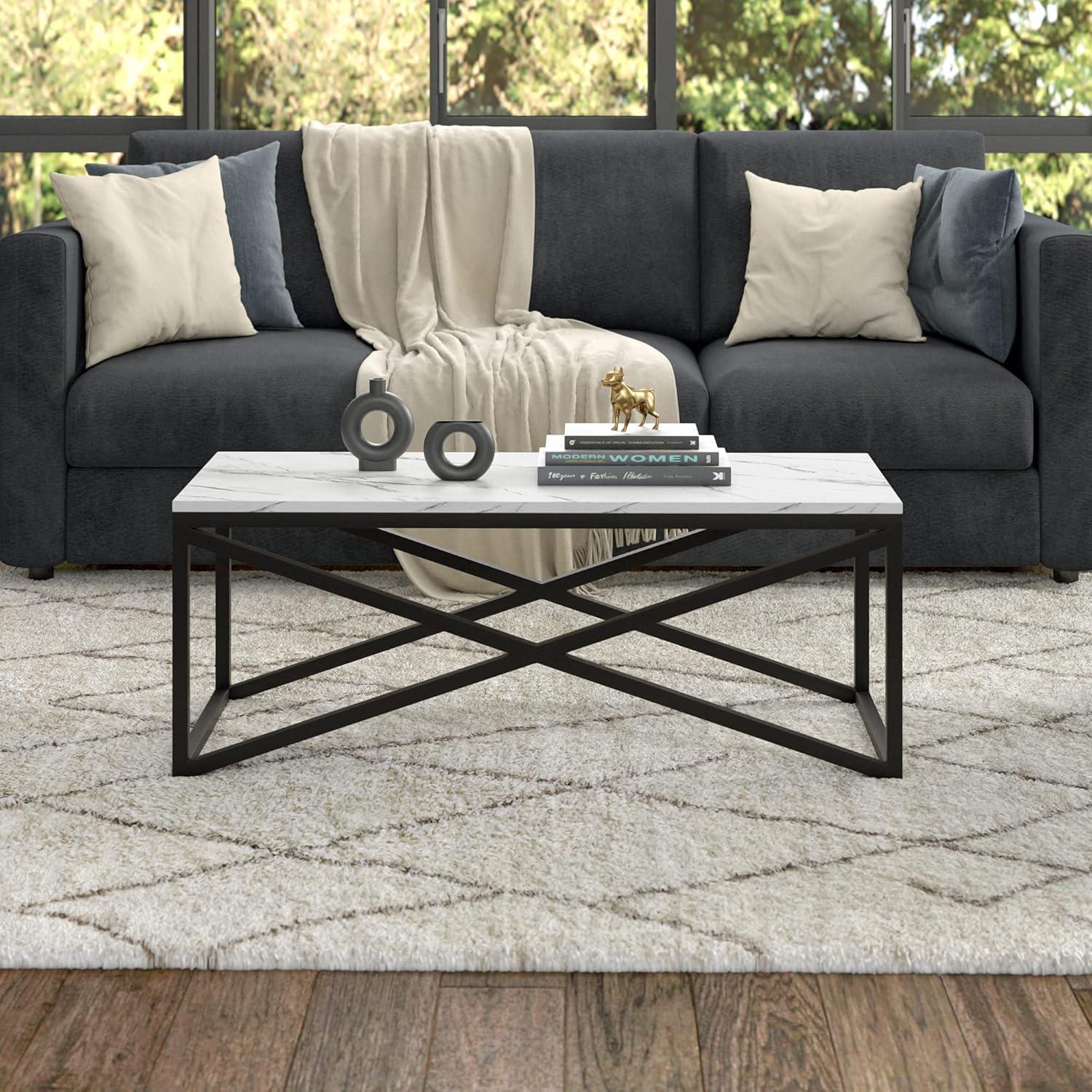 Rectangular Blackened Bronze Coffee Table with Faux Marble Top