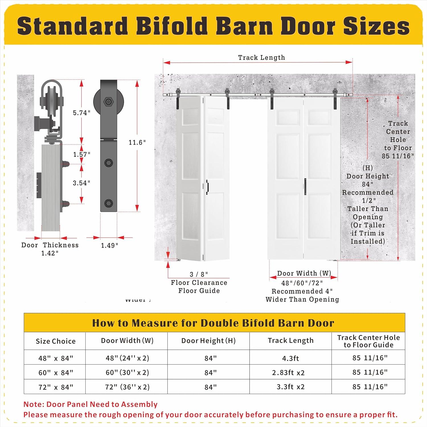 48"（24" x2） x 84" Bi-Folding Barn Door, 6-Panel with Sliding Hardware Kit Set, Pre-drilled Closet Door Slab, 4.3FT Track for 4 Finished Doors, MDF, White