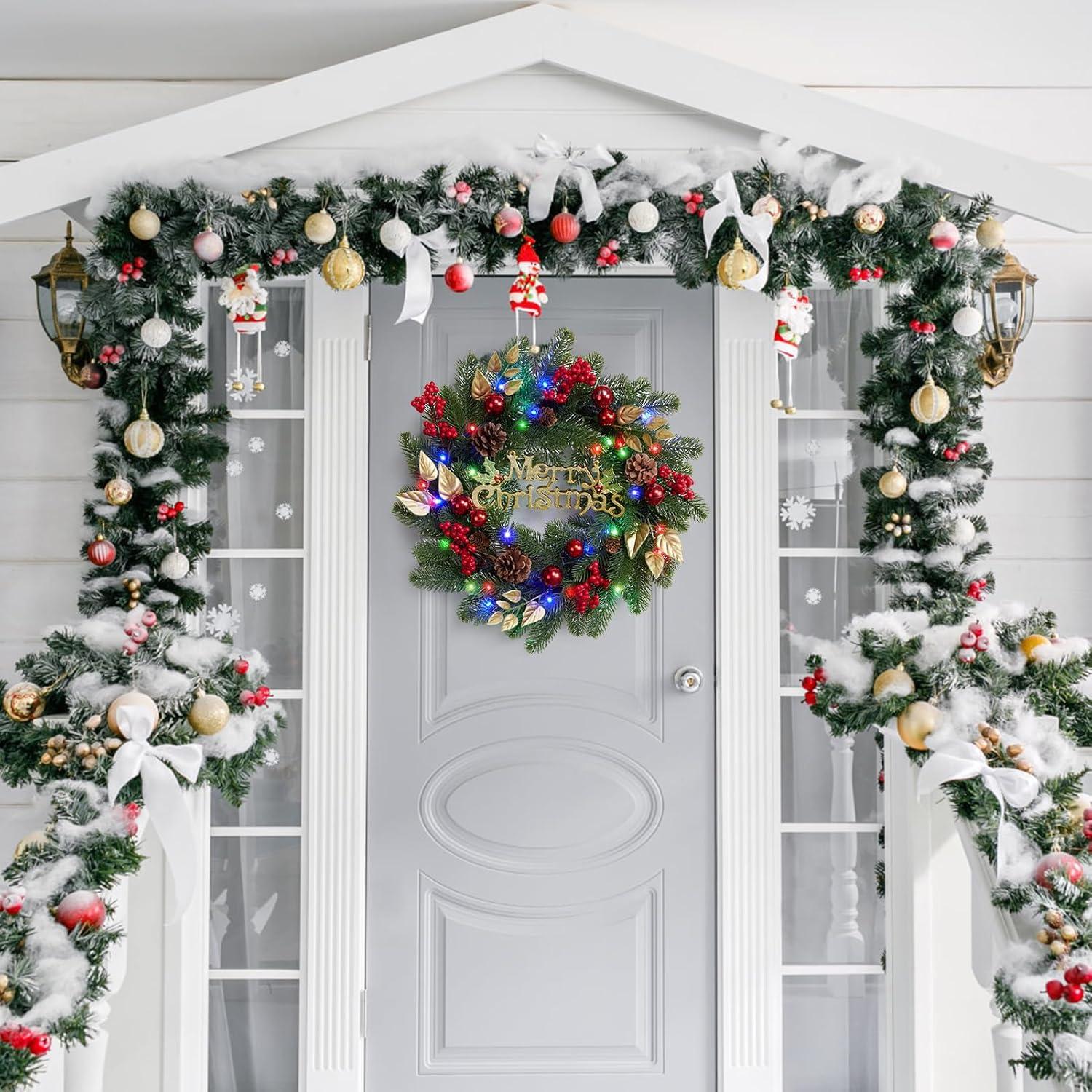 Christmas Wreath for Front Door, 18 Inch Outdoor Christmas Wreath, Battery Operated Xmas Wreath with Silver White Ball Ornaments Bows and 40 LED Lights for Home Holiday Decor