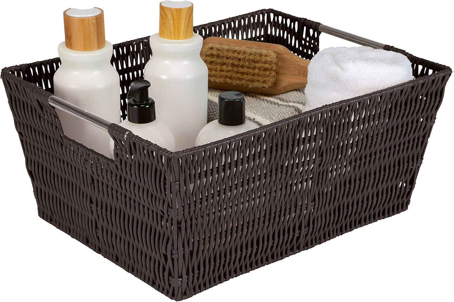 Simplify 3pc Rattan Tote Set with Sterling Silver Handles Chocolate: Decorative Storage Bins, 1456 Volume, No Assembly