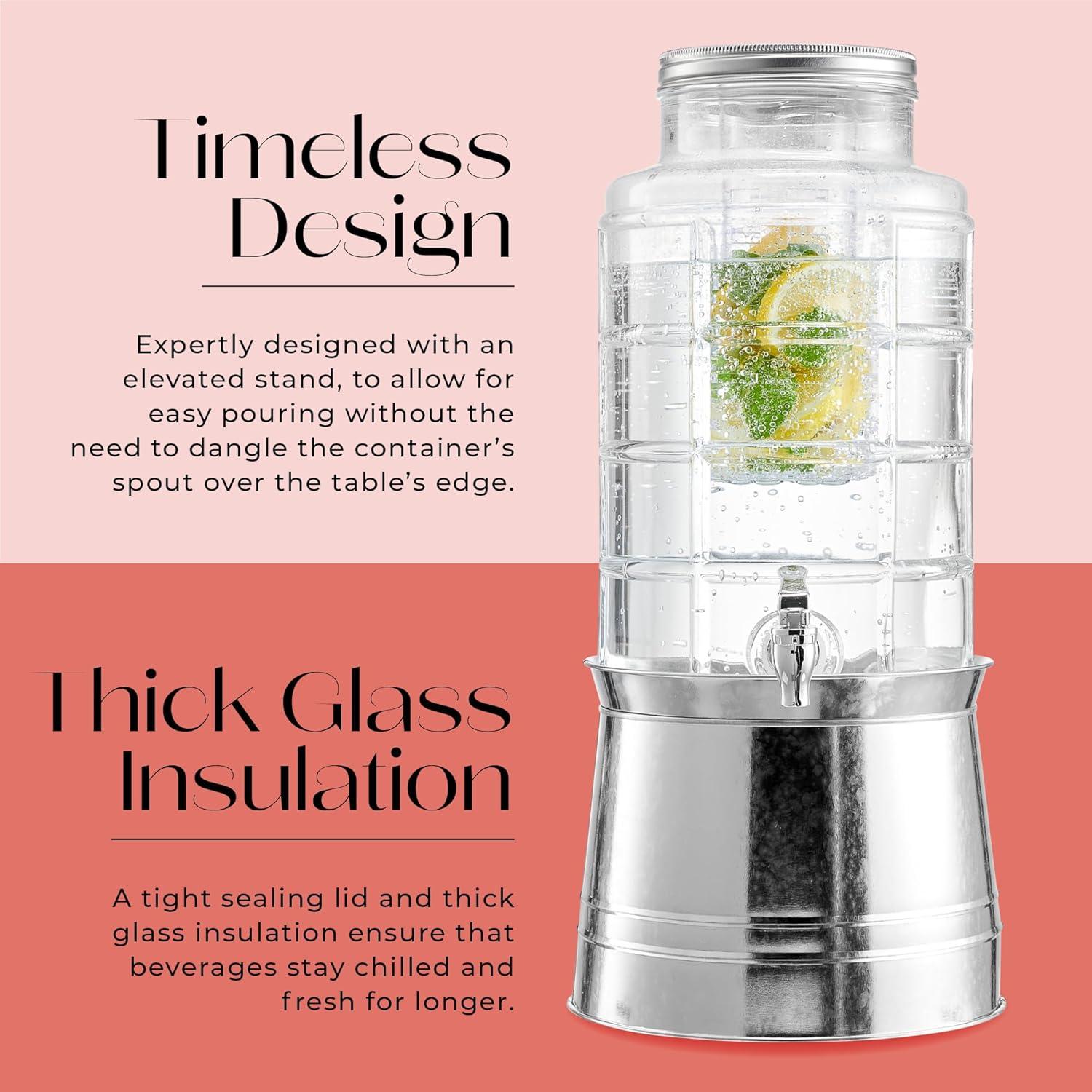 Clear Glass Beverage Dispenser with Galvanized Base and Infuser
