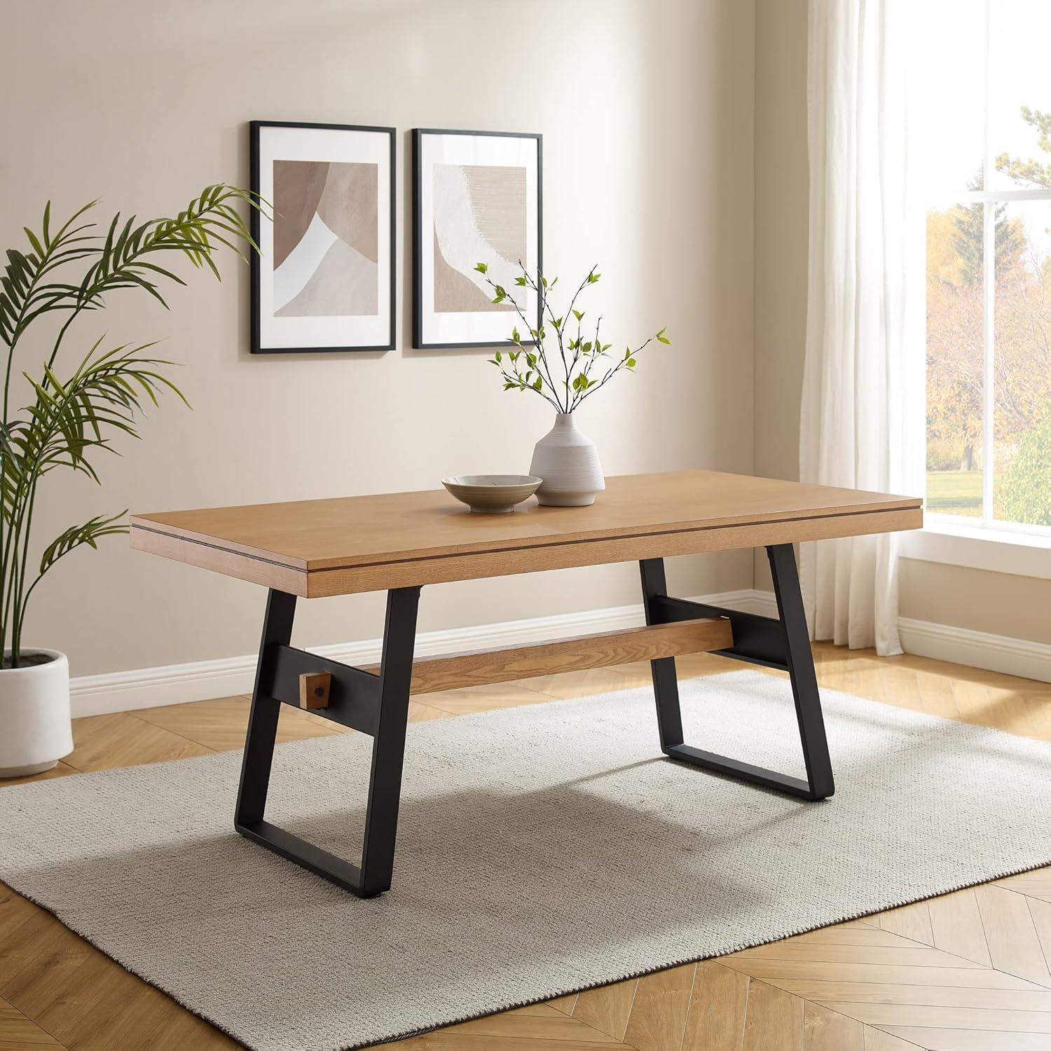 Light Oak Industrial Metal and Wood 72" Dining Table