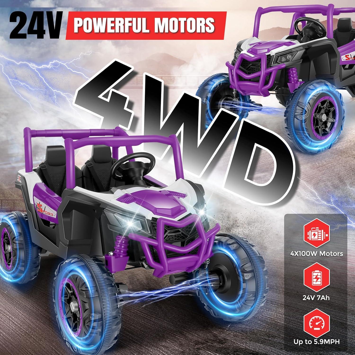Hikole 24 Volt Ride On Toys for Big Kids, 2 Seater Electric Truck Car Side by Side Electric Vehicle with Music, Bluetooth, 3 Speeds, Soft Braking, Kids UTV for Boys Girls-Purple