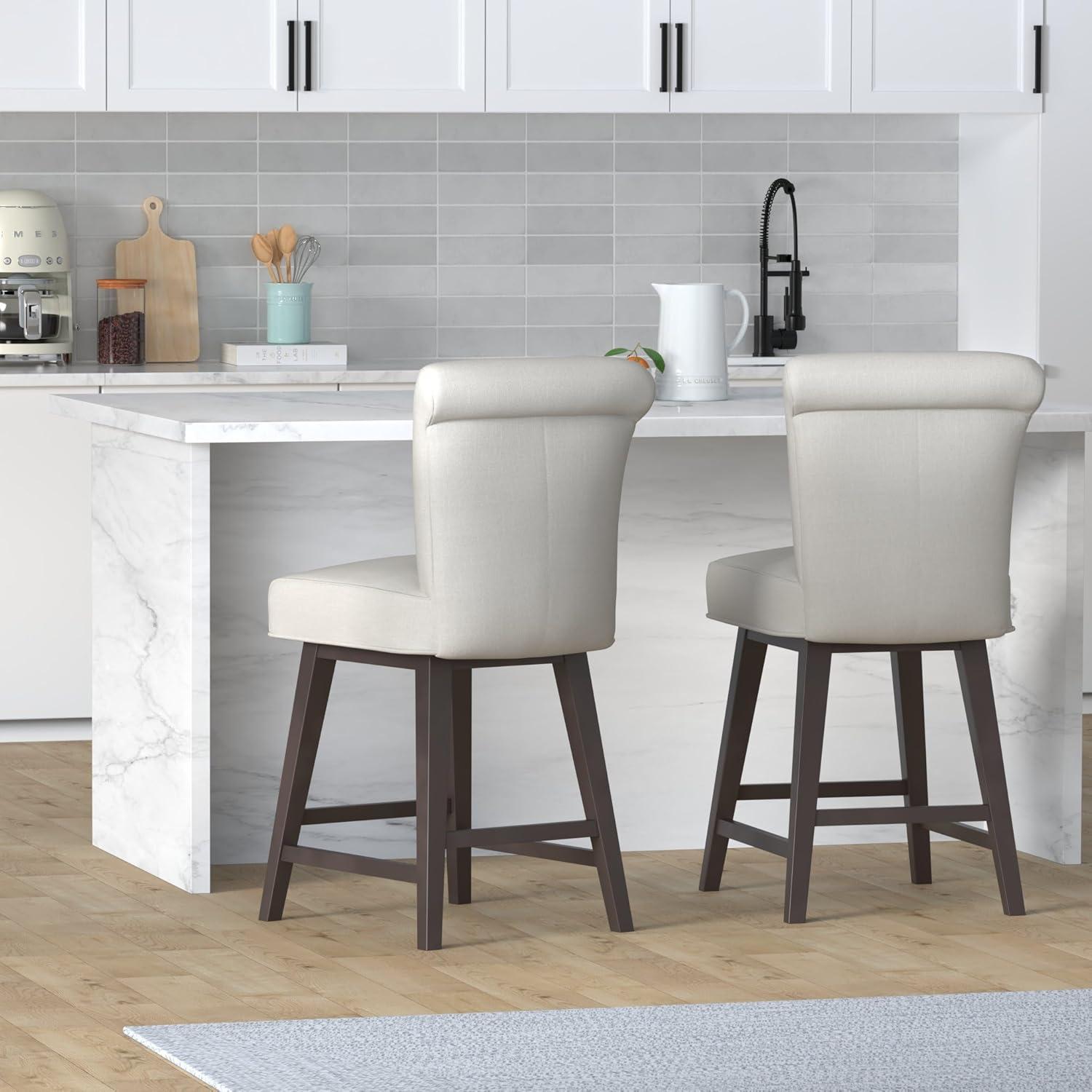 26'' Light Beige Linen Swivel Counter Stools with Dark Wood Legs, Set of 2