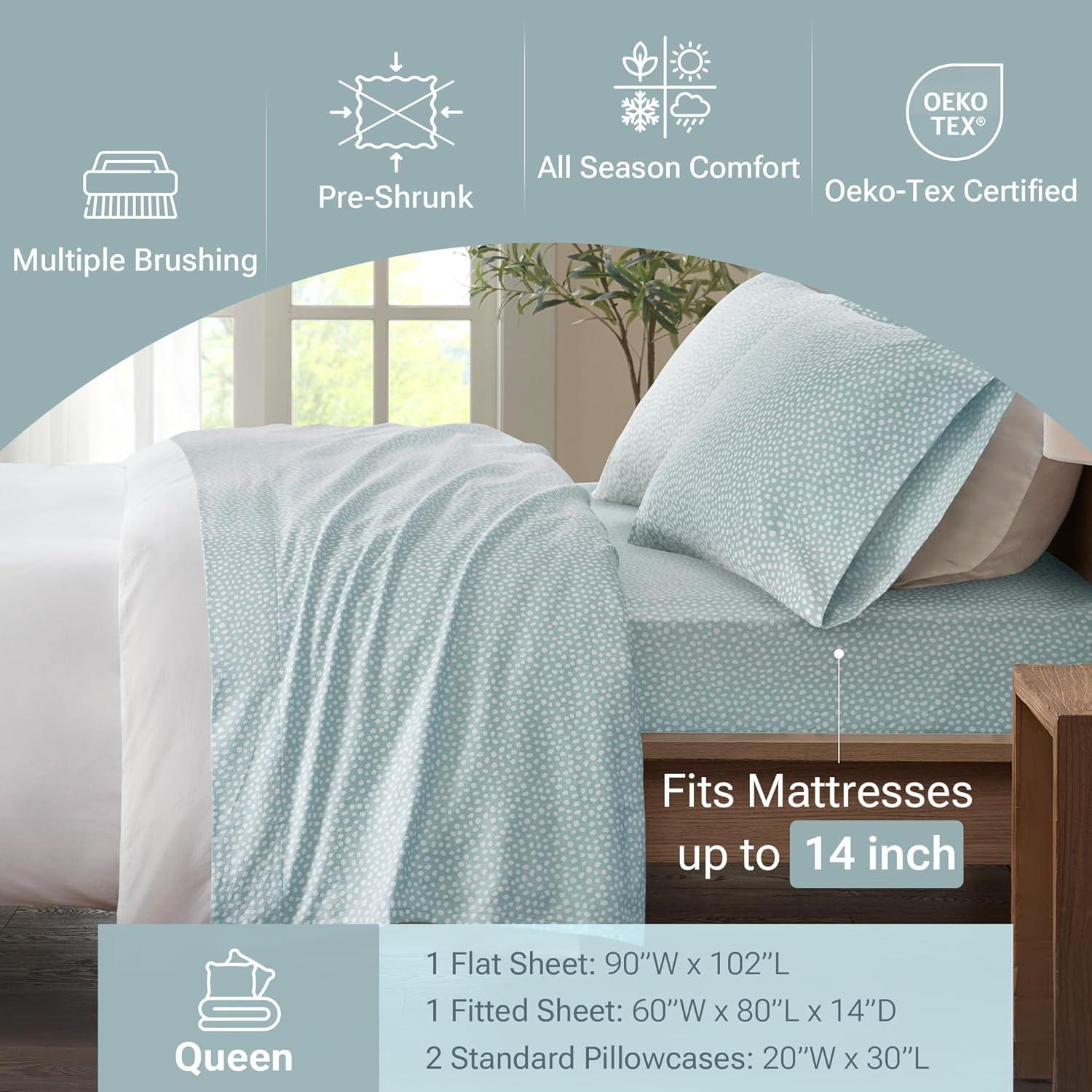 Queen Cozy Flannel Sheet Set Aqua Dots