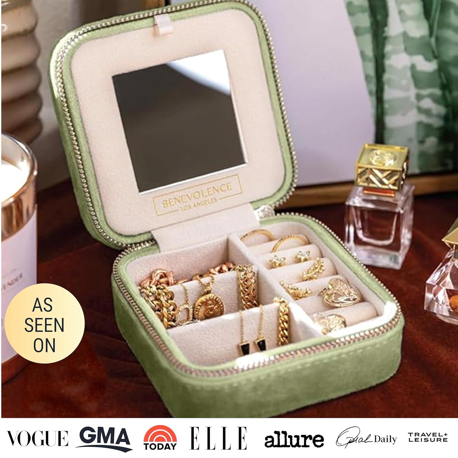 Benevolence LA Plush Velvet Square Travel Jewelry Box with Mirror- Mistletoe Green