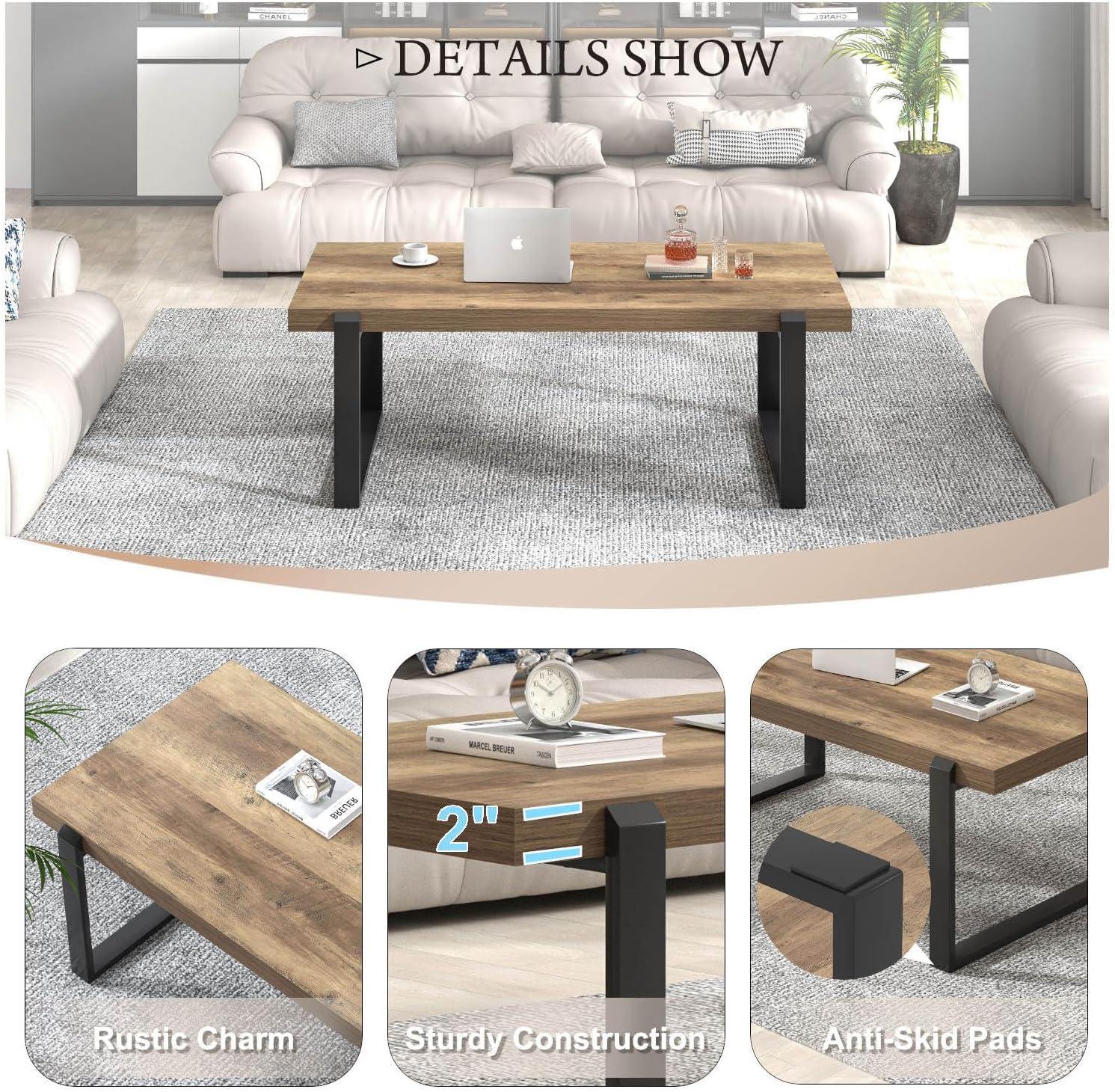 FOLUBAN Coffee Table, Modern Rustic Wood and Metal Center Table with Storage, Industrial Cocktail Tea Table for Living Room, Oak, 47 Inch