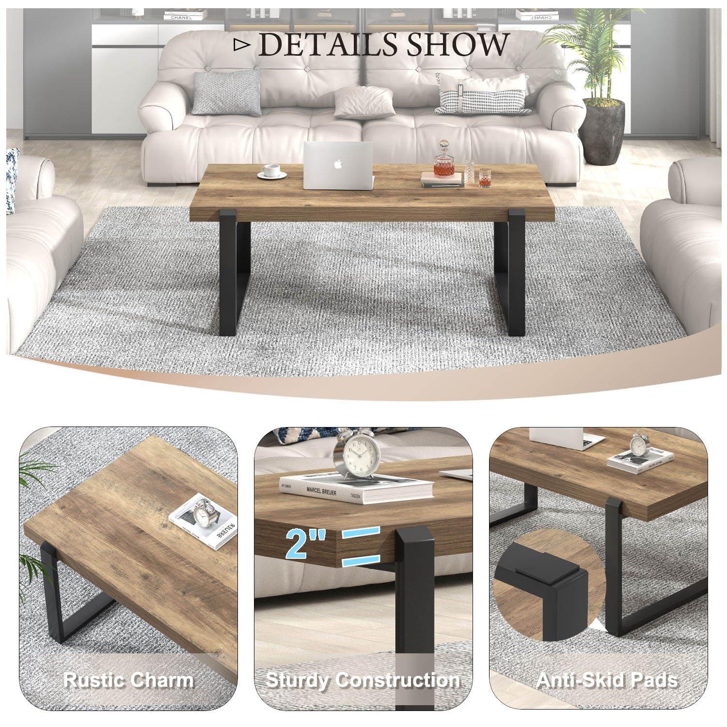 FOLUBAN Coffee Table, Modern Rustic Wood and Metal Center Table with Storage, Industrial Cocktail Tea Table for Living Room, Oak, 47 Inch