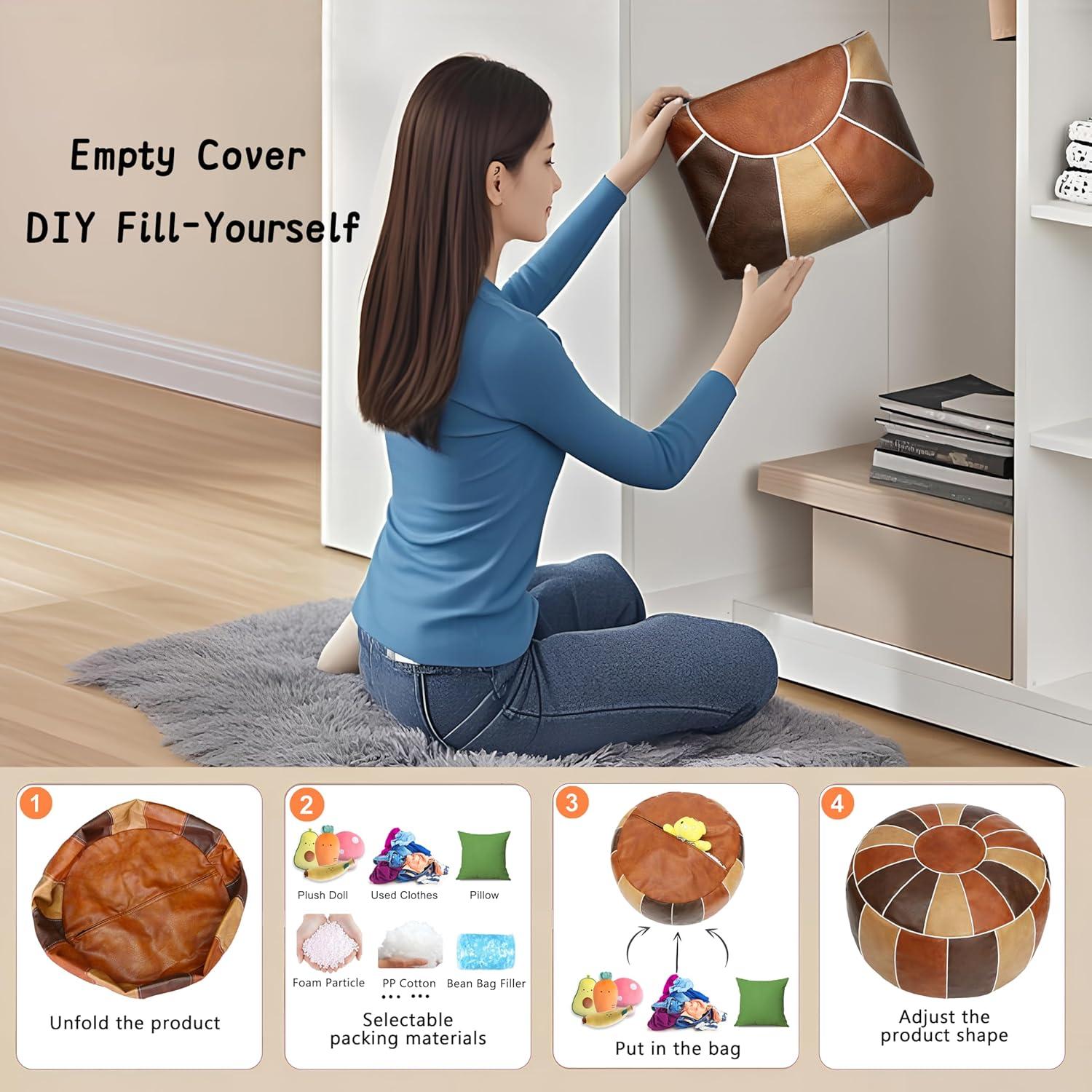 Unstuffed Handmade Moroccan Round Pouf Foot Stool Ottoman Seat Faux Leather Large Storage Bean Bag Floor Chair Foot Rest For Living Room, Bedroom Or Wedding Gifts