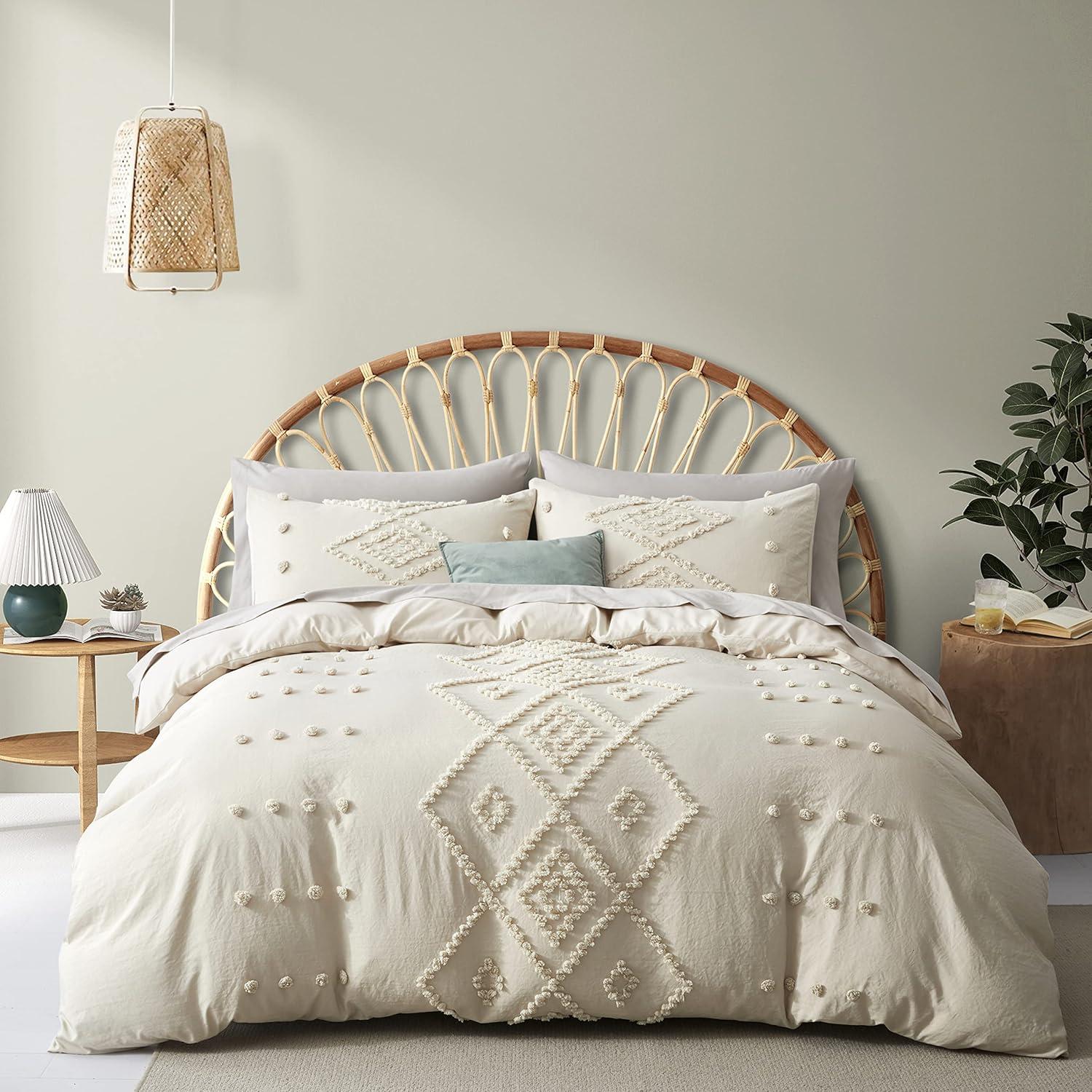 Queen Duvet Cover, Soft Bedding Set for All Seasons, Comforter Set, Boho Embroidery, Multi Colors & Sizes Available(Beige, 3 Pcs, 90"x 90")