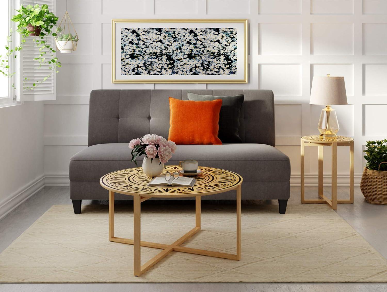 Natural Wood and Metal Round Coffee Table with Floral Design