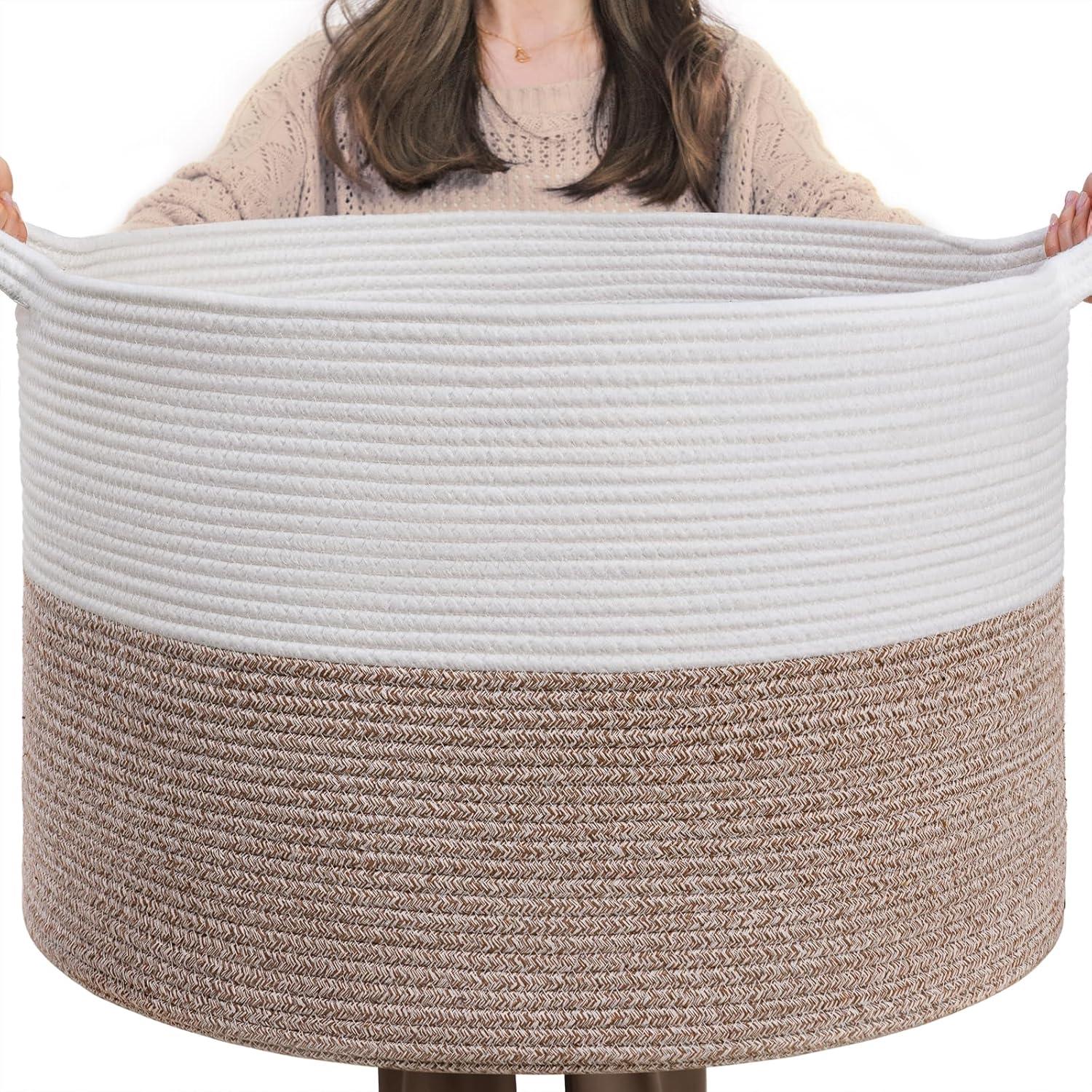 INDRESSME XXXLarge Cotton Rope Basket 21.7" x 21.7" x 13.8" Woven Baby Laundry Blanket Basket Toy Ba