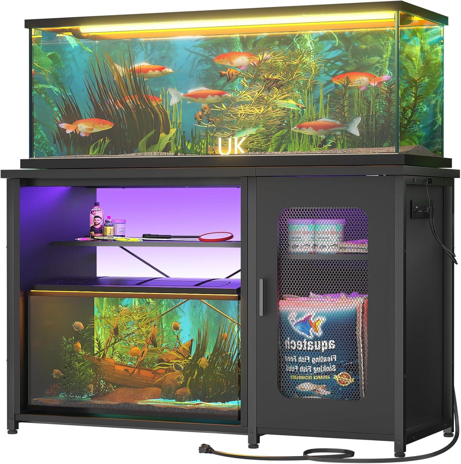 Homieasy 55-75 Gallon Aquarium Stand with Power Outlets & LED Light, Reversible Fish Tank Stand with Cabinet for Fish Tank Accessories Storage, Heavy Duty Metal Frame, 880LBS Capacity, Black