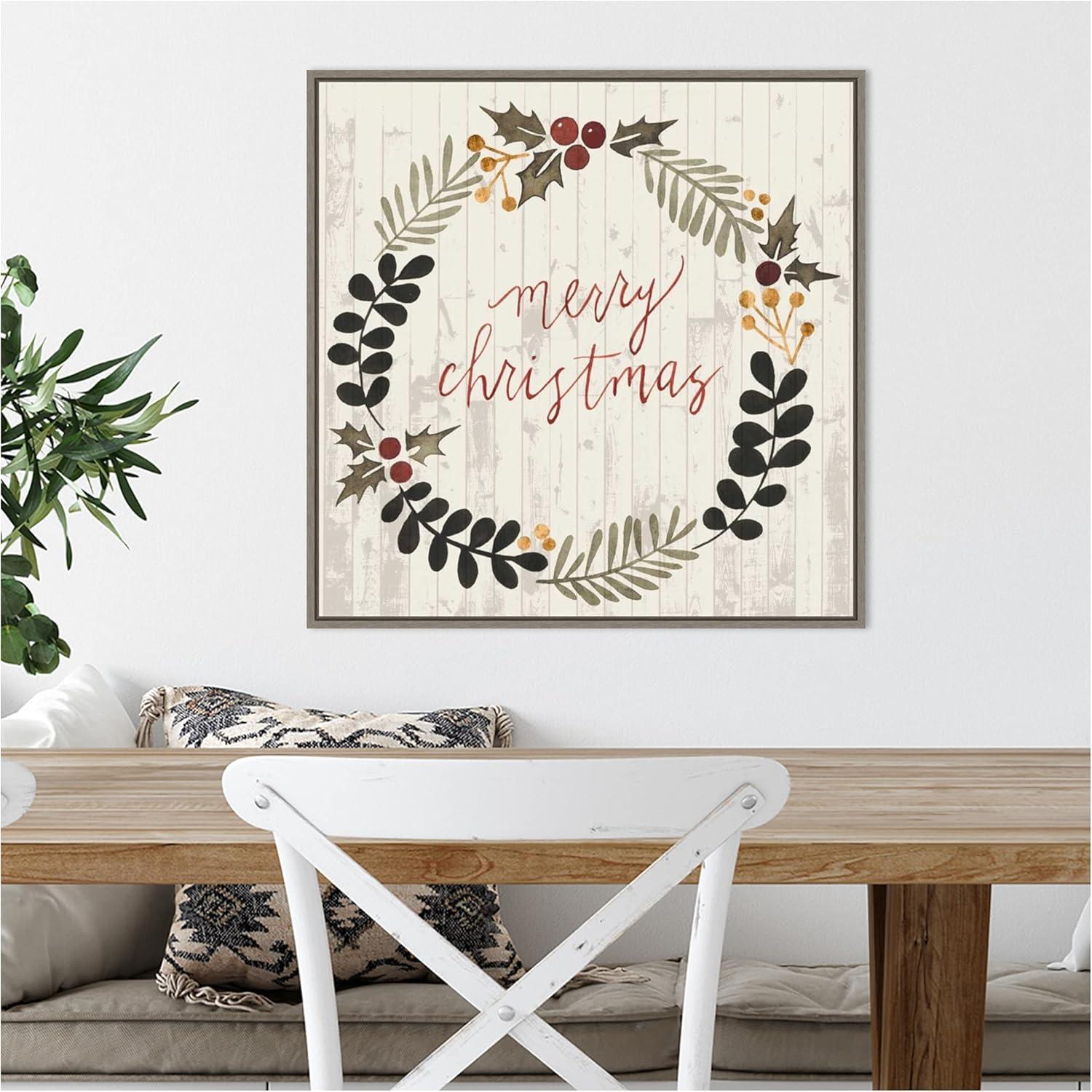 Rustic Christmas Wreath Canvas Art with Greywash Frame