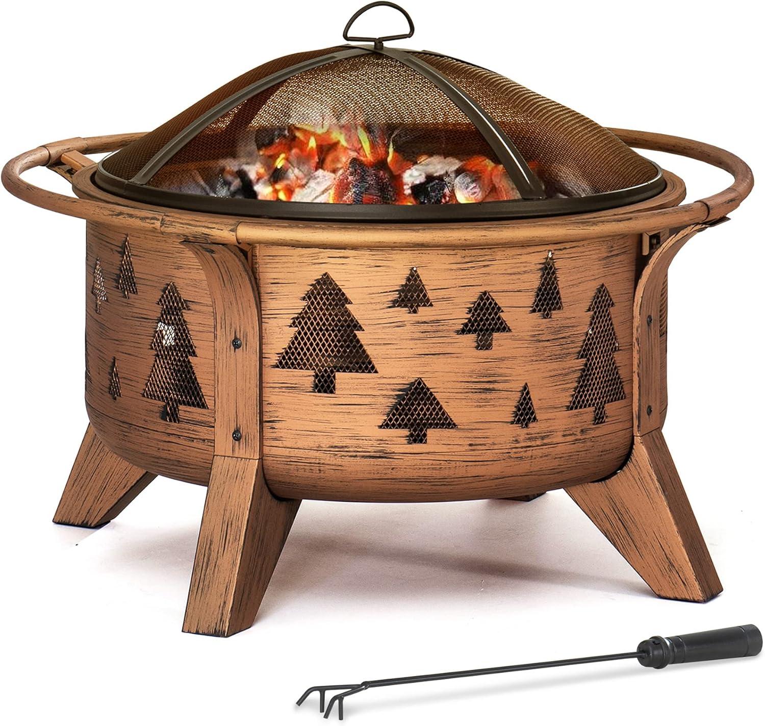 Bronze 30" Tree Motif Wood-Burning Fire Pit with Spark Screen