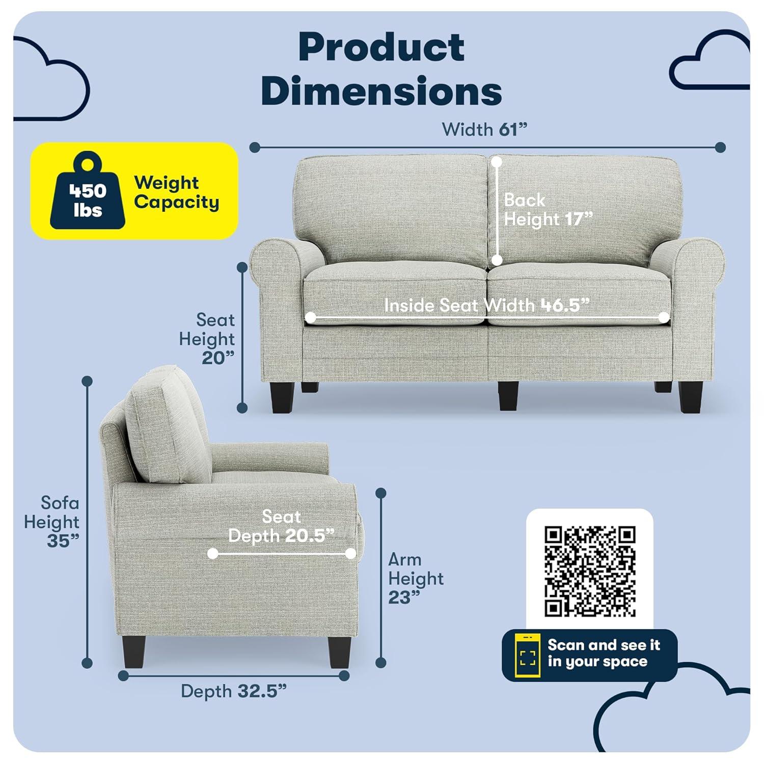 Serta Copenhagen 61" Rolled Arm Sofa, Easy Care Fabric, Soft Pillow Back, Pocket Coil Seat Cushions