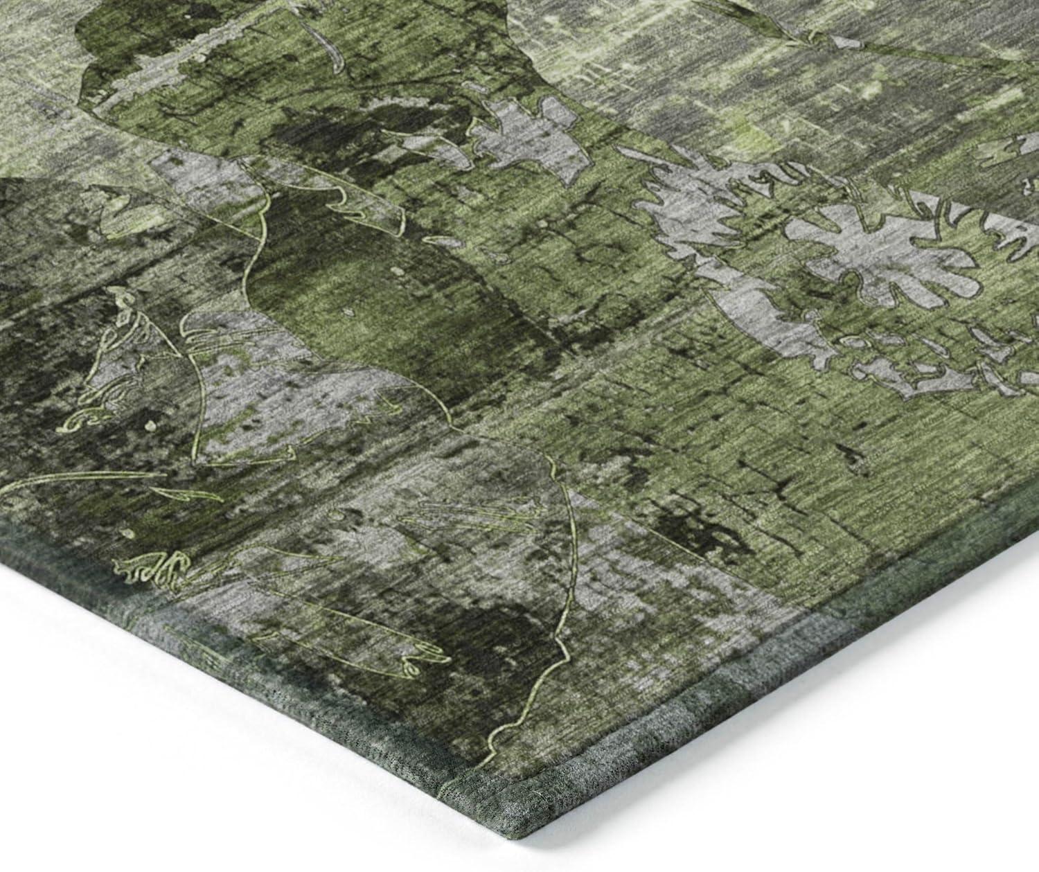 Green Floral Synthetic Rectangular Washable Area Rug