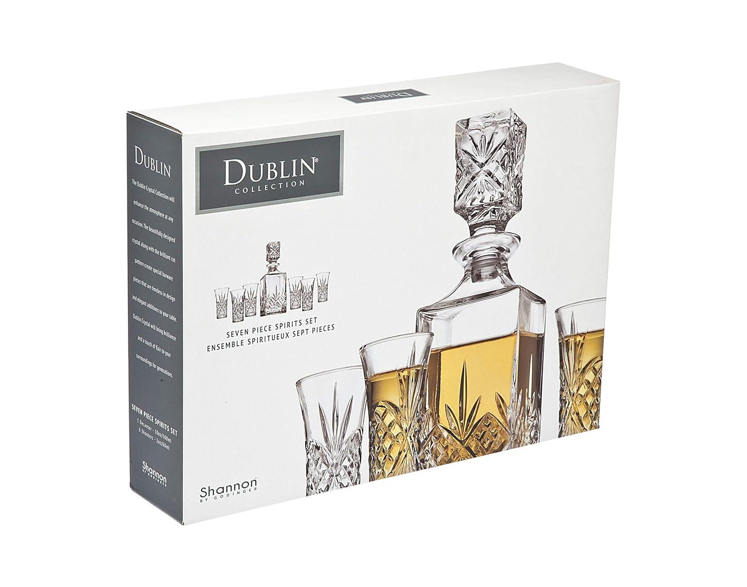 Godinger Silver 7pc Dublin Crystal Spirits Decanter and Shot Glass Set: Hand Wash, Dishwasher-Safe, Service for 6