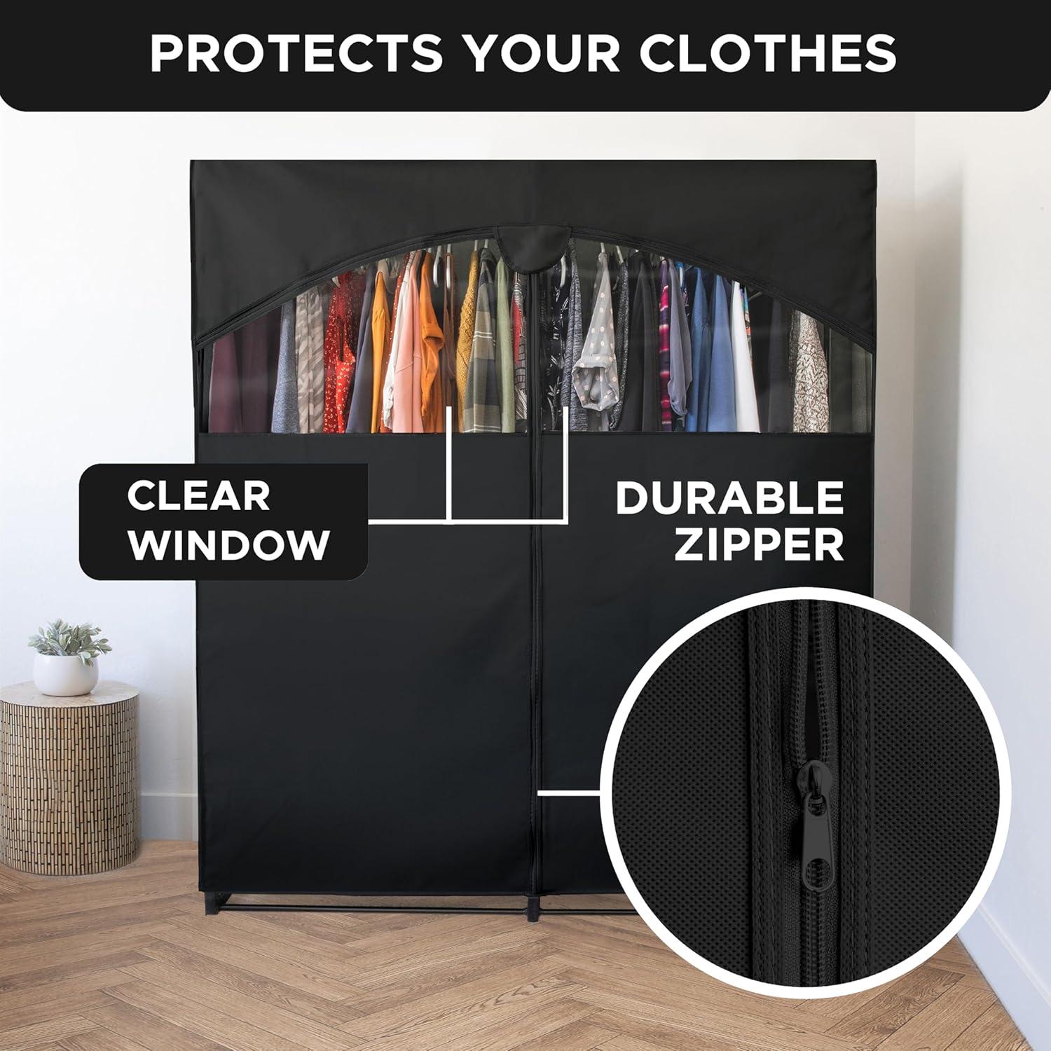 HOLDN’ STORAGE Portable Wardrobe Closet, Large - Premium Heavy Duty Metal Hanging Rod with Black Cover- 50 Lb. Weight Capacity- Super Easy Assembly, No Tools Required