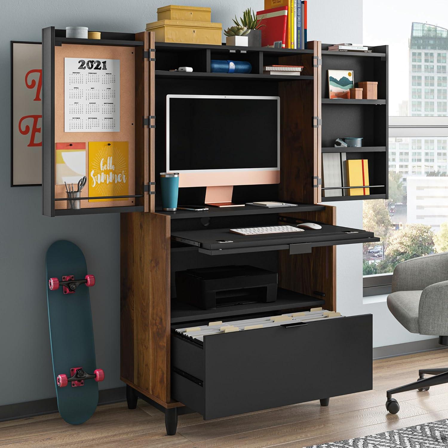 Grand Walnut and Black Multifunctional Computer Cabinet with Storage