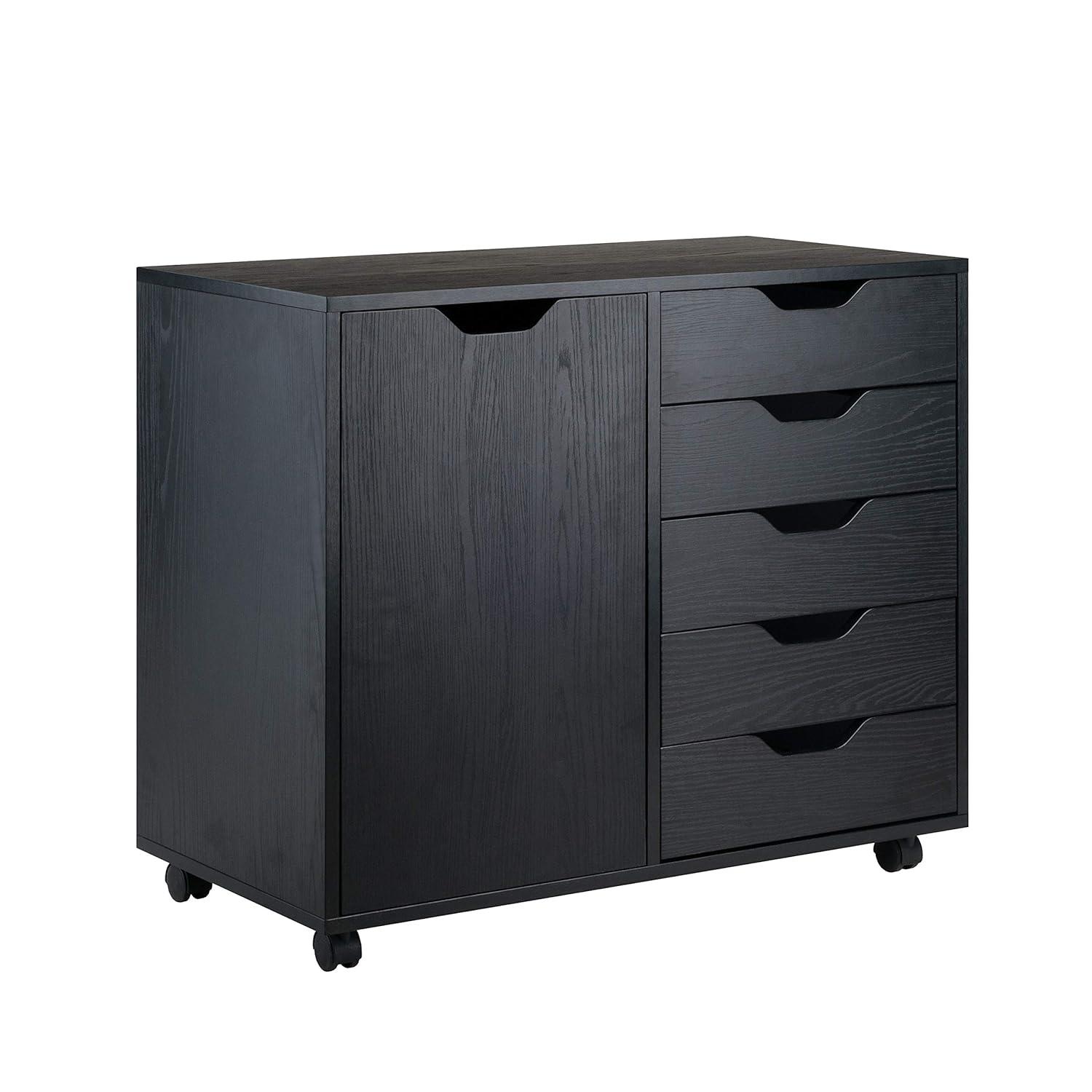 Halifax Cabinet with 5 Drawer & 1 Side Cabinet Black - Winsome: Mobile Storage Unit, Composite Wood, Modern Design