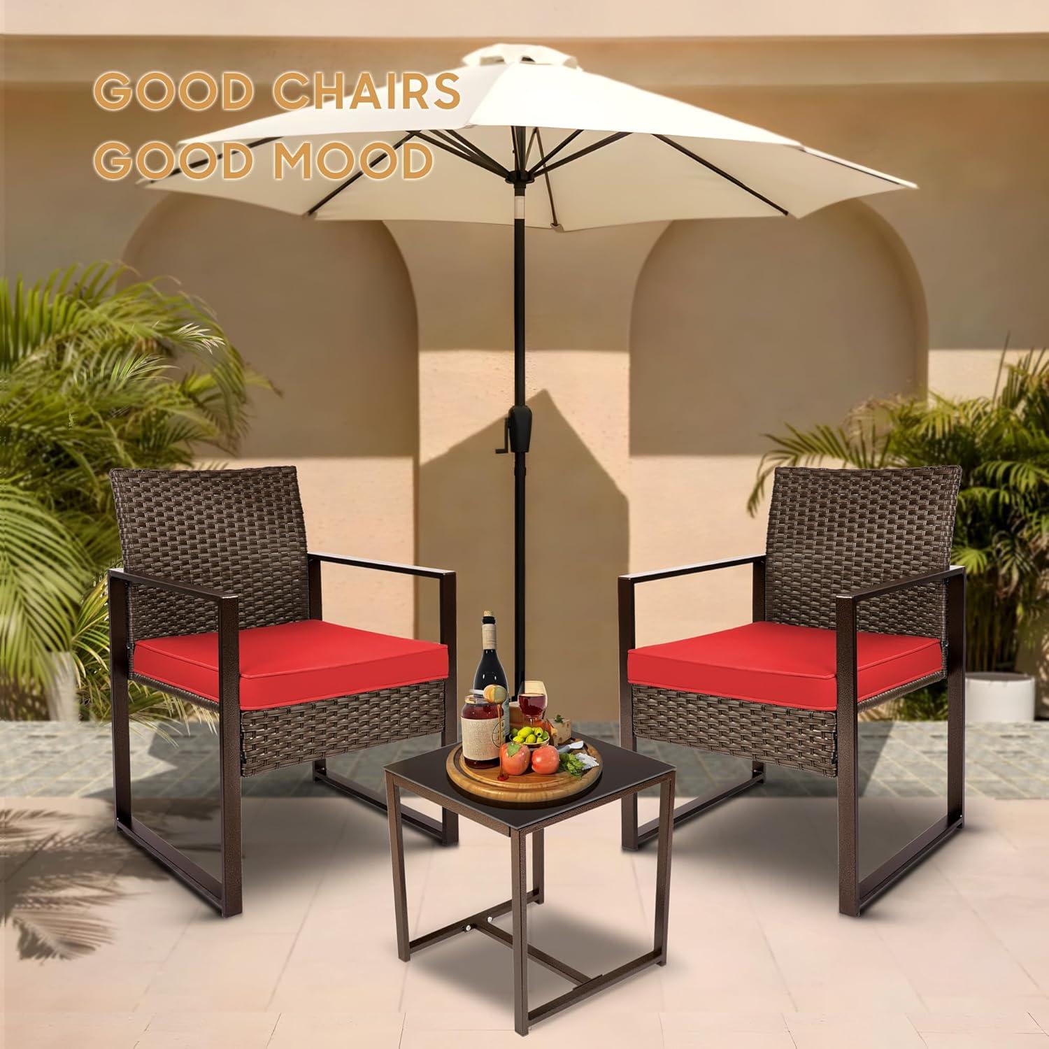 Red 3-Piece Steel and Rattan Outdoor Furniture Set with Black Glass Table