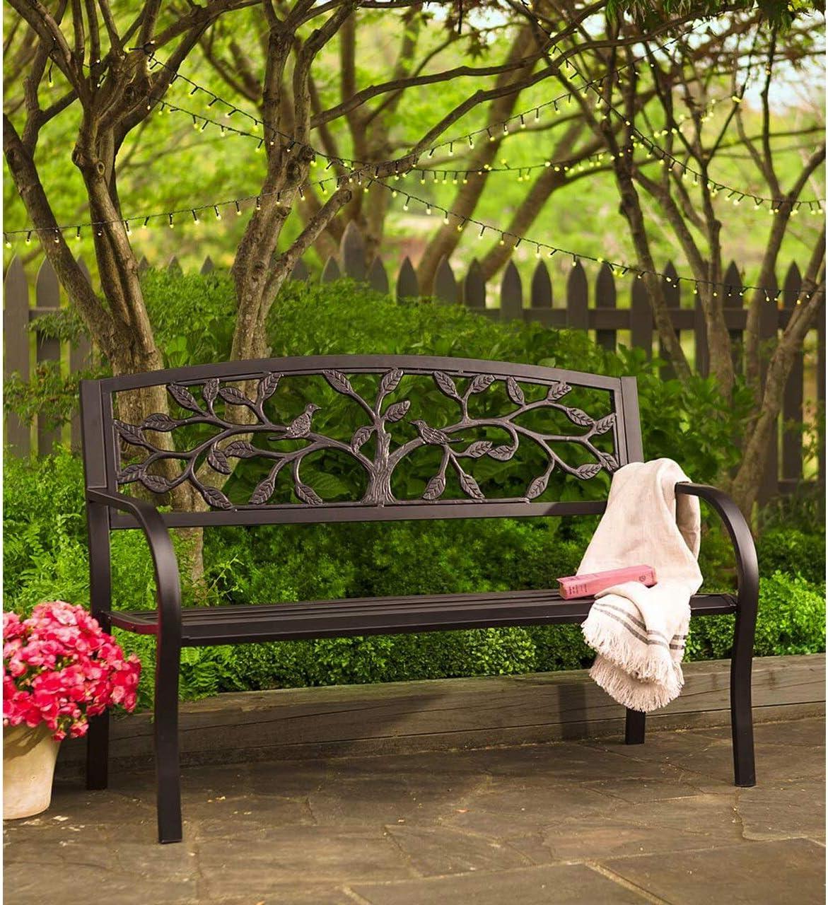 Evergreen Tree of Life Metal Garden Bench - Black