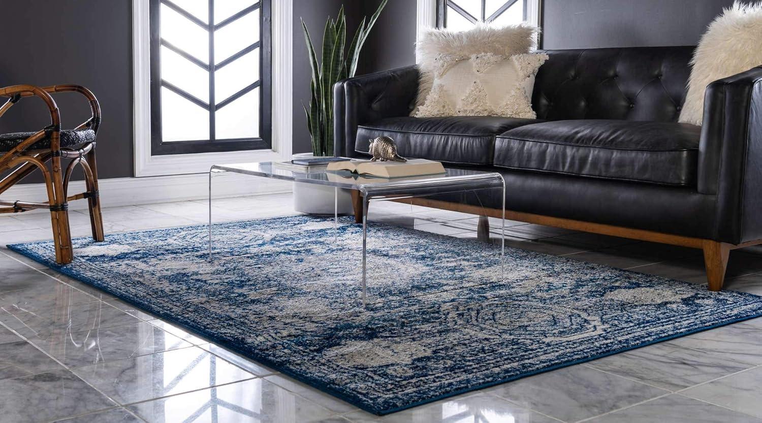 Unique Loom Bromley Collection Area Rug - Wells (7' 10" x 10' Rectangle, Ivory and Blue/ Ivory)