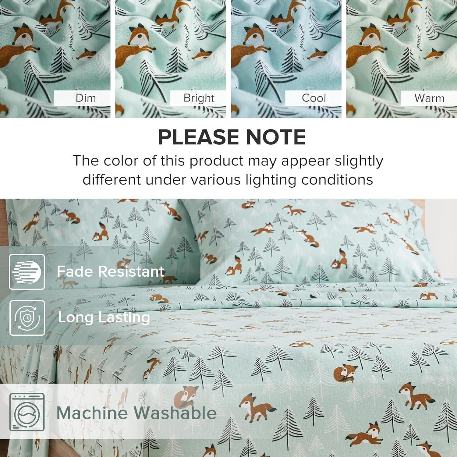 Comfort Spaces Sábanas de Franela Tamaño Queen con Bolsillo, 100% Algodón, Novalty Seafoam Foxes, Juegos de Sábanas Tamaño Queen, 4 Piezas