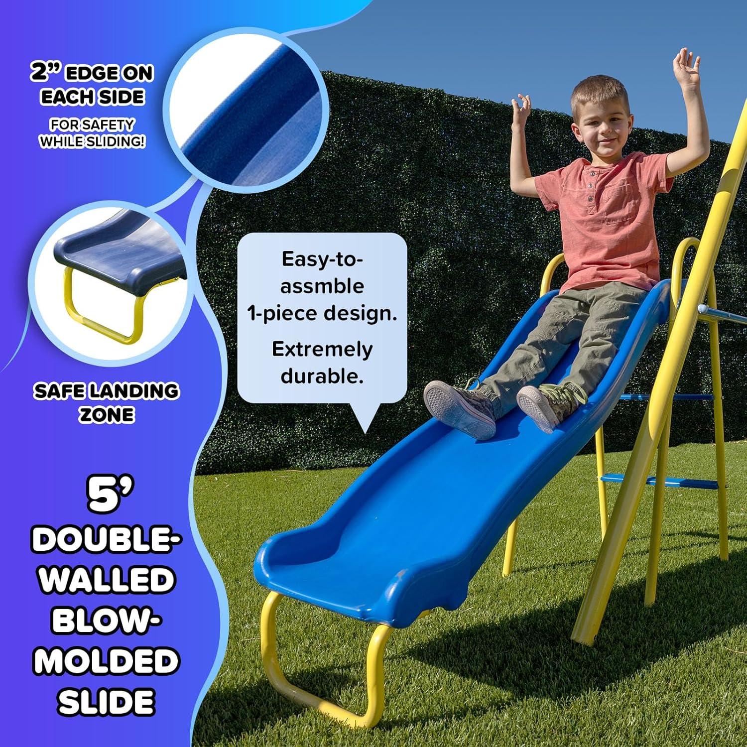 Sportspower Albany Metal Swing Set with 2 Person Glider Swing, 2 Adjustable Sling Swing Seats, 5' Double Wall Slide with Lifetime Warranty, & Bonus Anchor Kit, Great for Kids 3-8