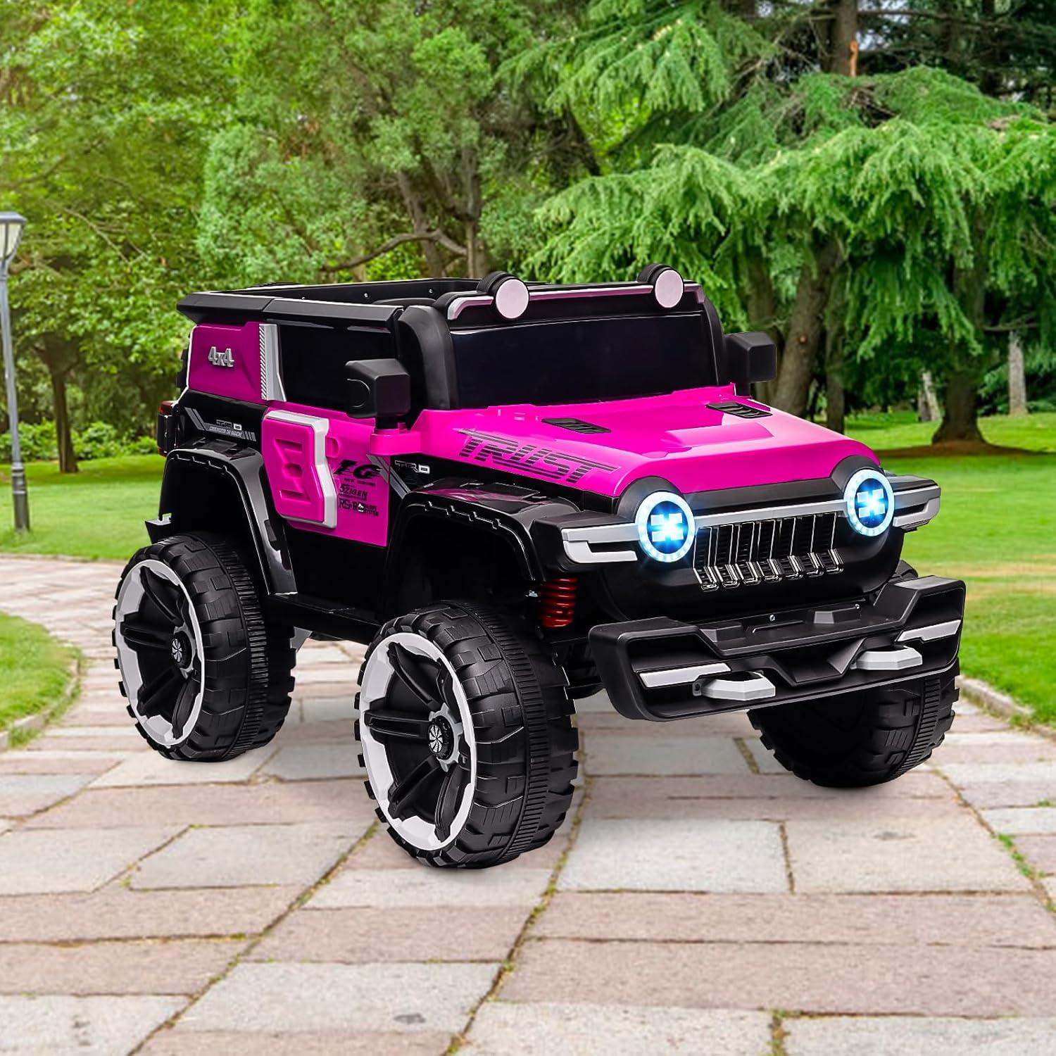 Tuekys 2 Seater Kids Ride On Truck, 12V Battery Powered Electric Vehicle with Spring Suspensions, Remote Control, Decorative Spare Tire, USB, Music, Pink