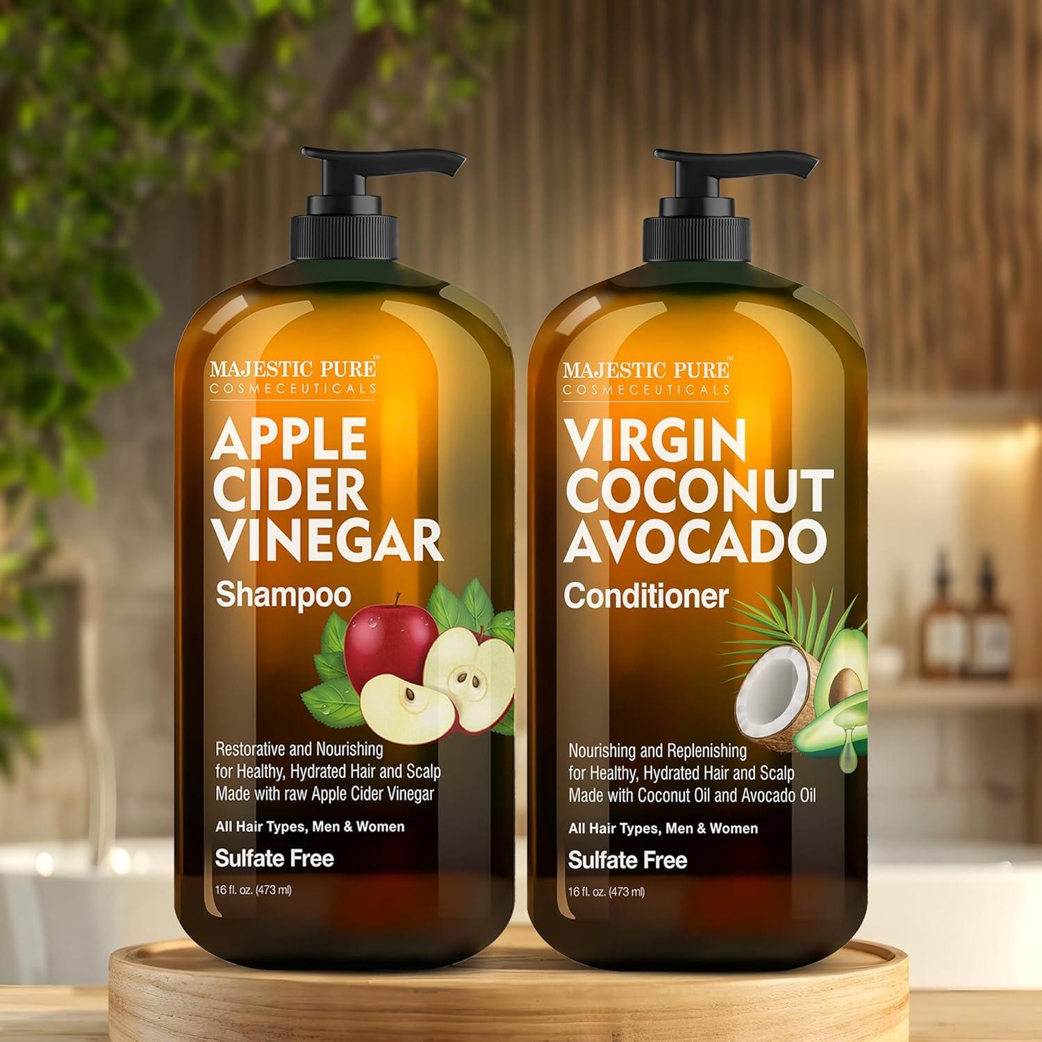 Majestic Pure Apple Cider Vinegar Shampoo & Avocado Coconut Conditioner Set - 16 Fl Oz Each