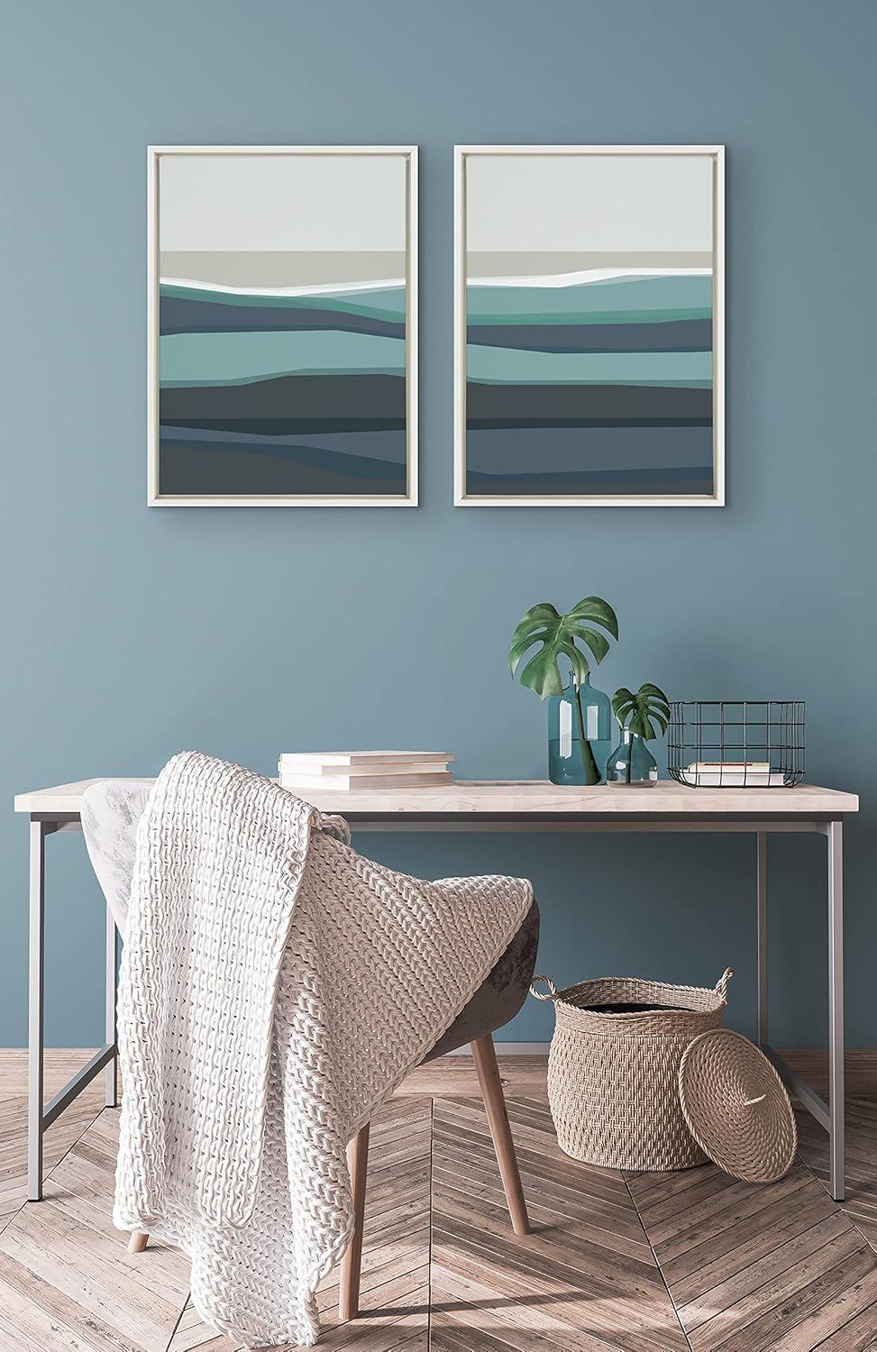 Abstract Teal Beach Horizon Framed Canvas Set, 18x24, White