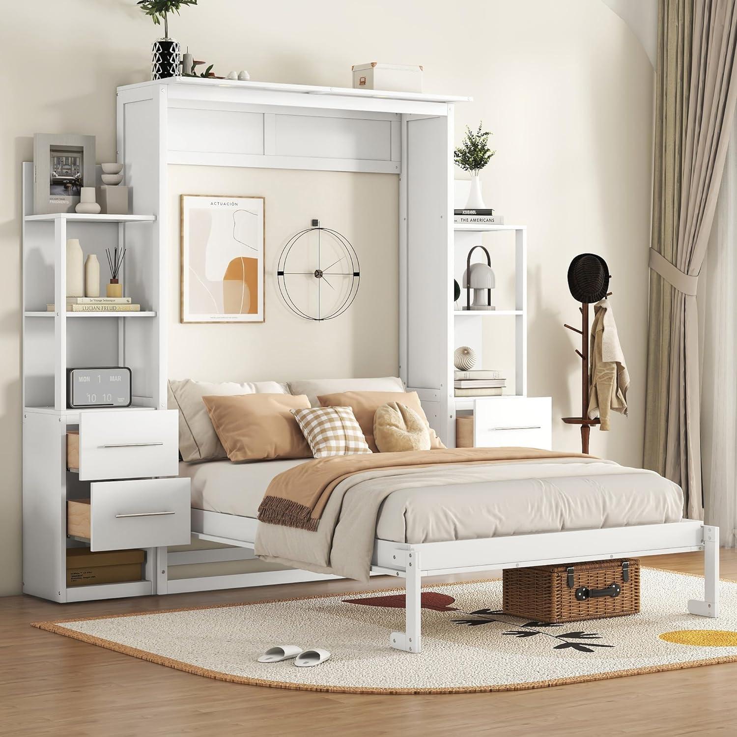 Full Size Murphy Bed, Transformable Bed Frame with Both Side Shelves, Drawers, Space-Saving Bed for Children, Teens, Adults, Noise-Free, No Box Spring Need, White