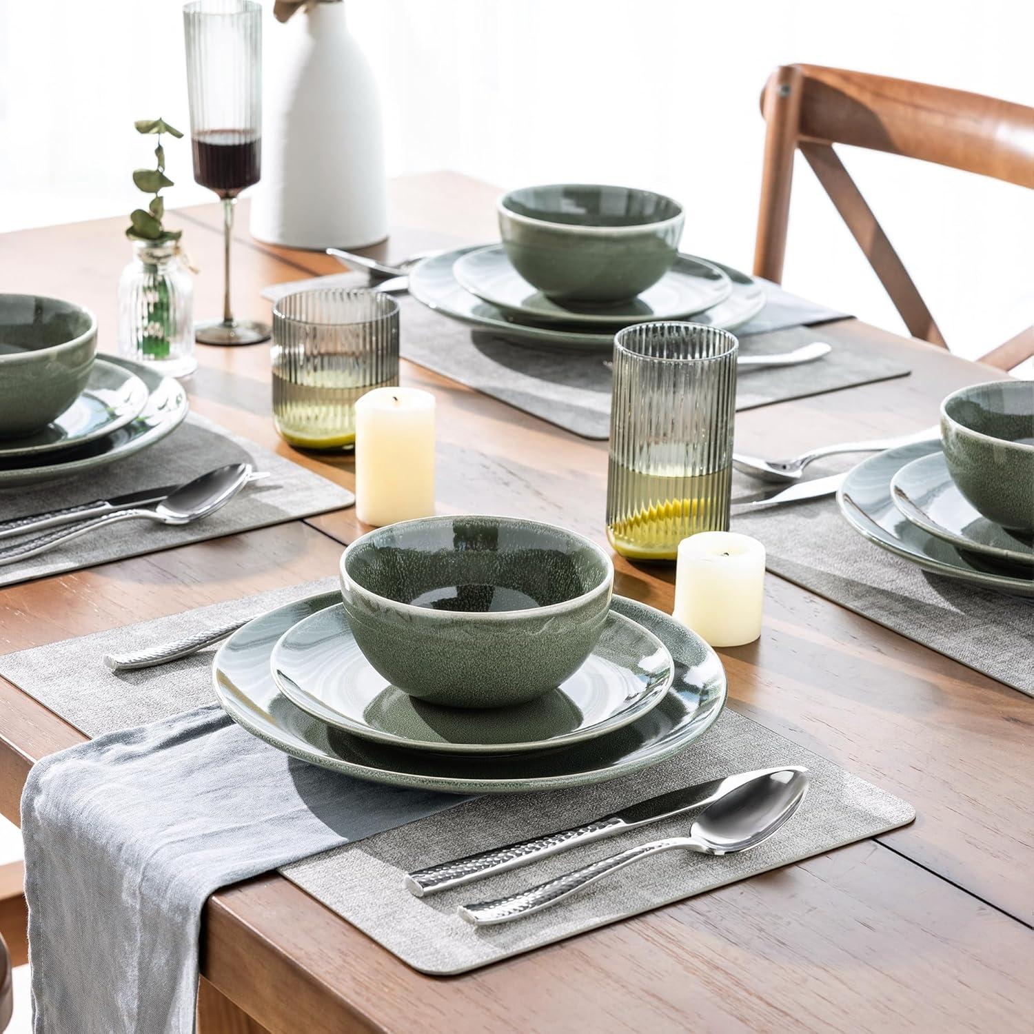 Jade Green Ceramic 12-Piece Dinnerware Set for 4