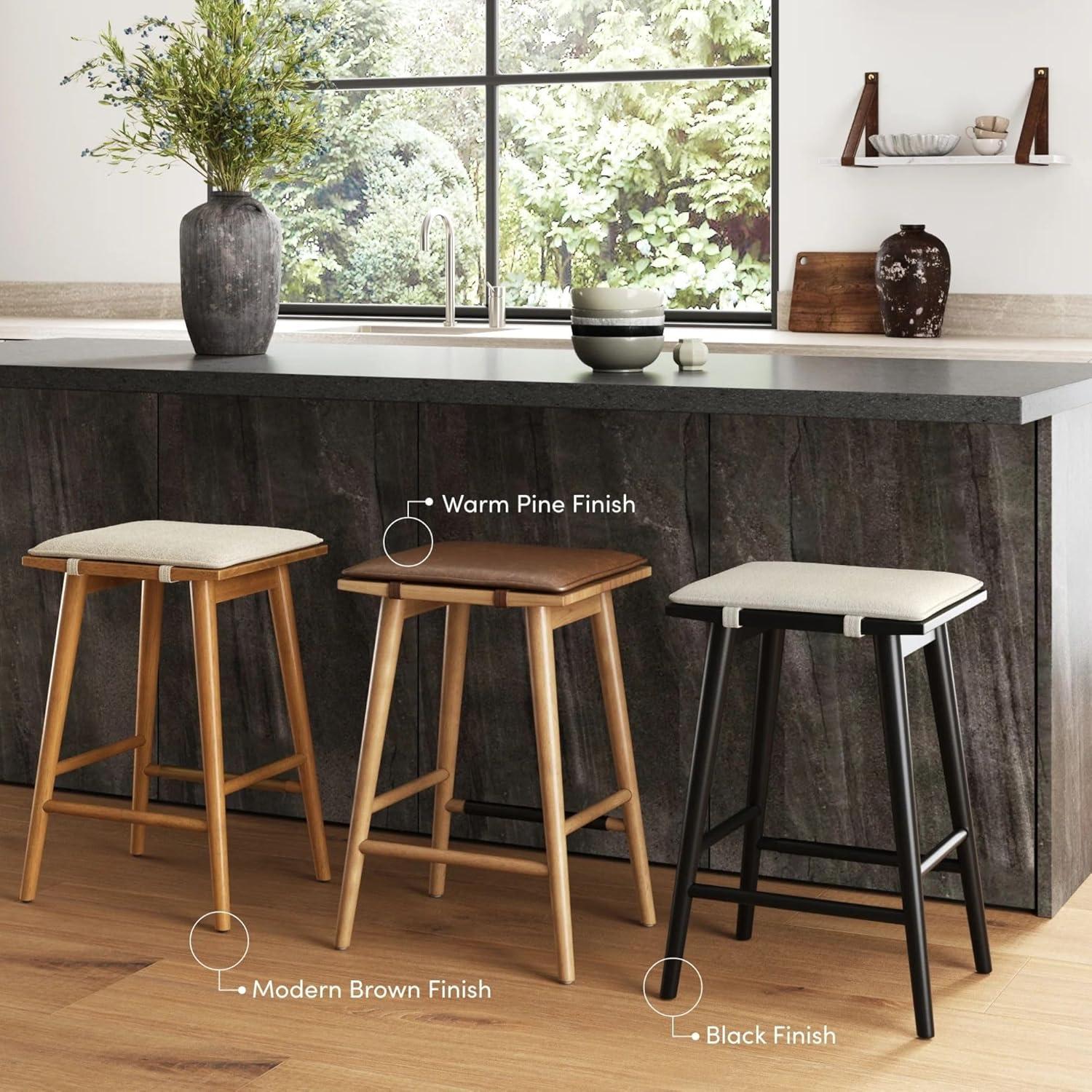 Nathan James Barker Counter Height Barstool: Padded Saddle Seat, Solid Rubberwood Legs, 24" Tall