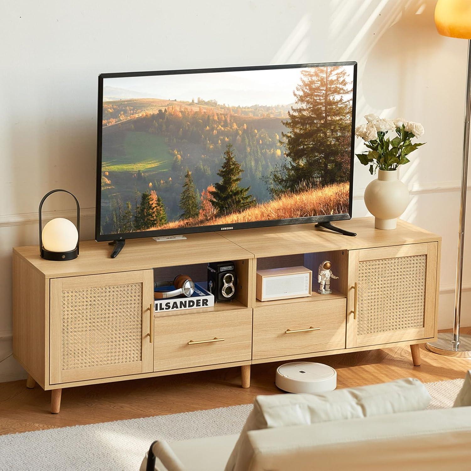 Bay Isle Home™ Heyer Large Wood Rattan TV Stand for TVs up to 75" with LED Light and Charging Station, Coastal Media Console Table, Multimedia Storage Furniture with 2 Drawers, Lighting TV Cabinet  & Reviews | Wayfair