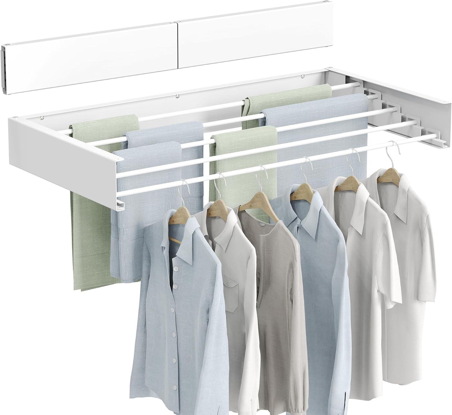 Laundry Drying Rack Wall Mounted Clothes Drying Rack Collapsible 31.5" Wide with 13.2 Linear Ft and 5 Aluminum Rods Drilling Template Long Screwdriver Bit 60 lbs Capacity White