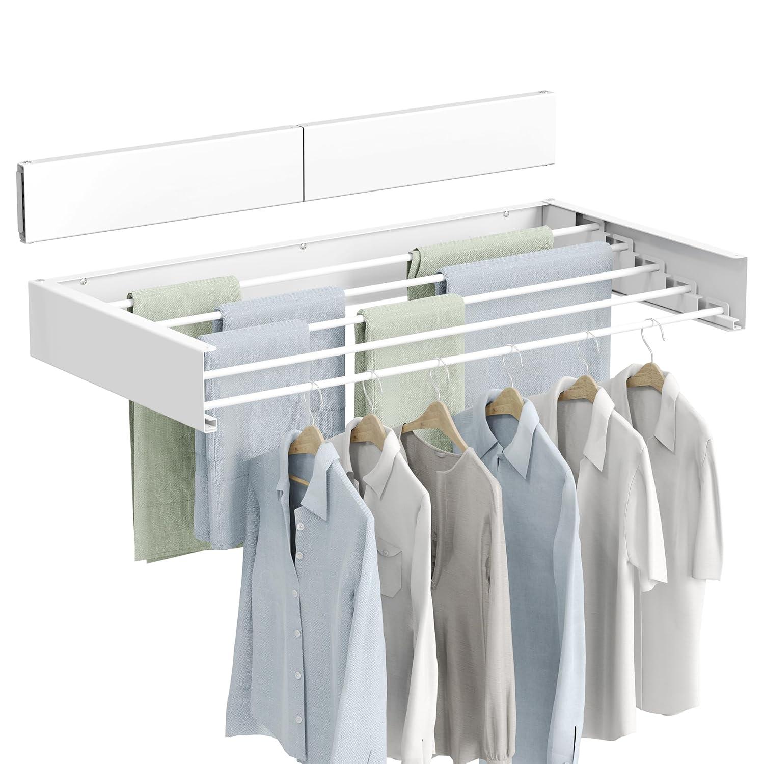 Laundry Drying Rack Wall Mounted Clothes Drying Rack Collapsible 31.5" Wide with 13.2 Linear Ft and 5 Aluminum Rods Drilling Template Long Screwdriver Bit 60 lbs Capacity White