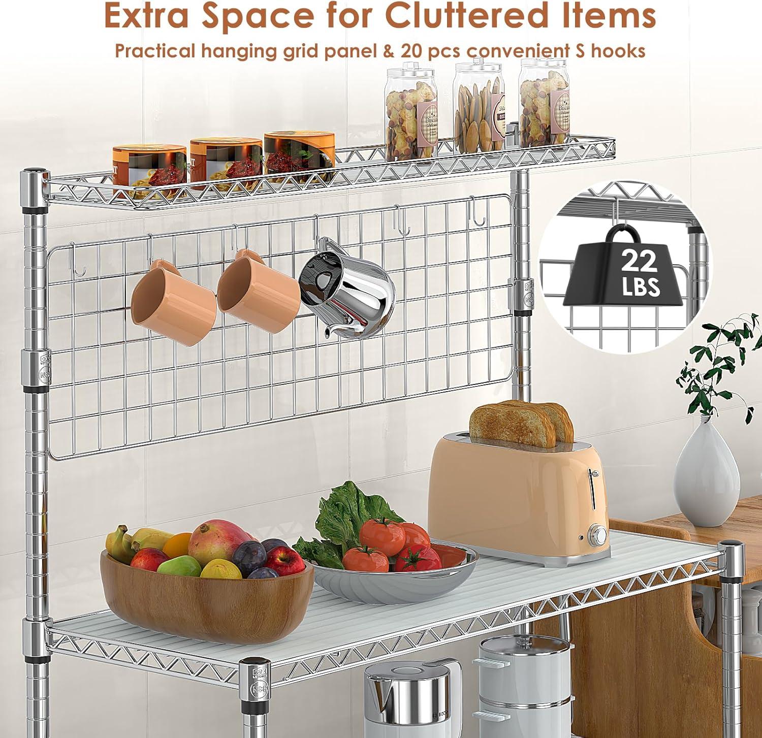 Leteuke Bakers Rack with Storage & Wheels, 42 Inch Microwave Stand Kitchen Shelves, 4-Tier Heavy Duty Storage Rack with 20 S-Hooks, Commercial Metal Utility Kitchen Cart, 42× 18× 63 Inch, Chrome